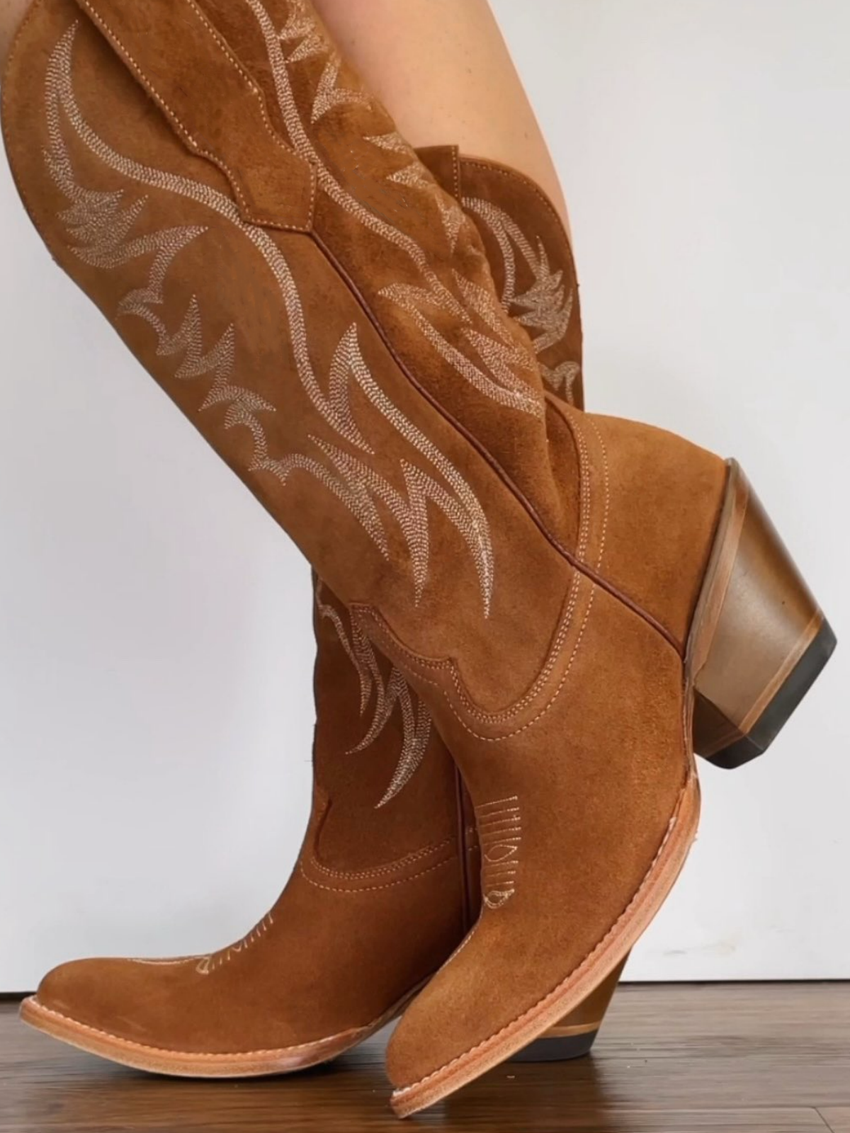 Faux Suede Wings Embroidery Pointed-Toe Wide Mid Calf Tall Cowgirl Boots - Cognac