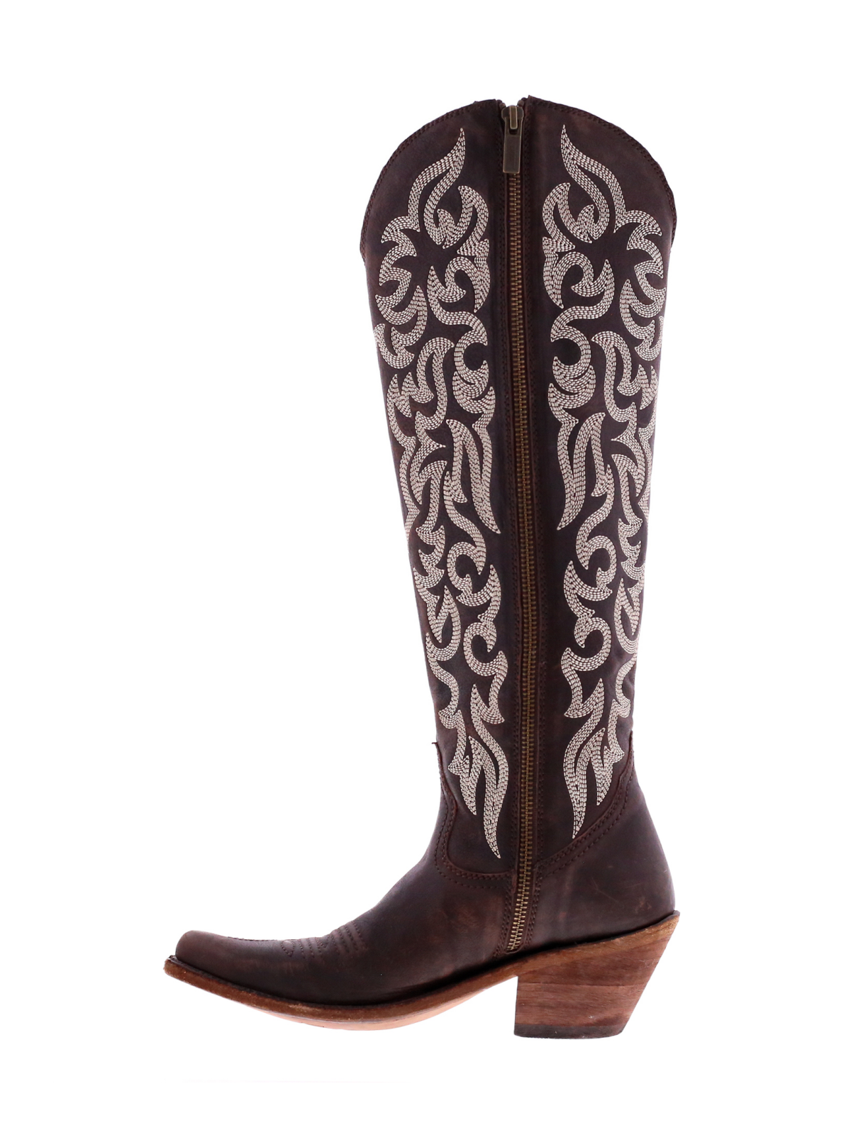 Embroidery Almond-Toe Full-Zip Knee High Tall Cowgirl Boots - Dark Brown