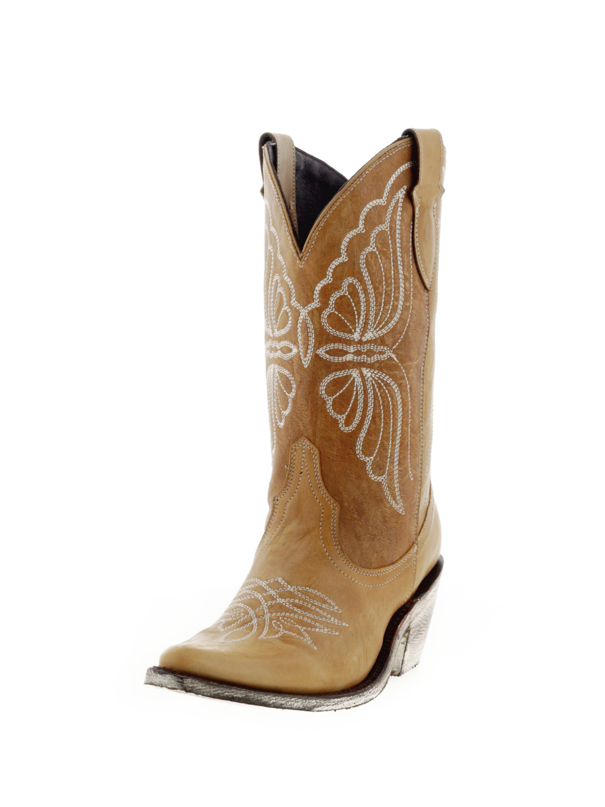 Butterfly Embroidery Almond-Toe Wide Mid Calf Cowgirl Boots - Tan