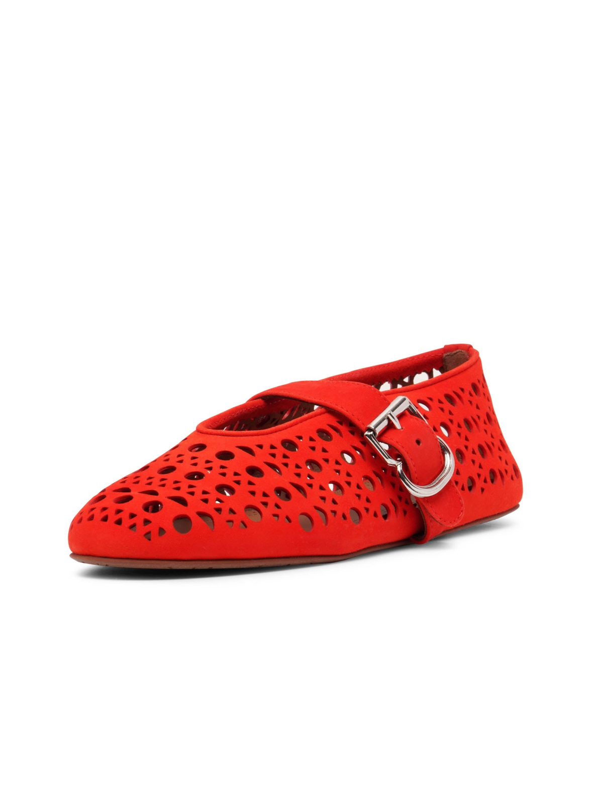 Red Ballet Flats Mary Janes With Perforations And Buckled Strap