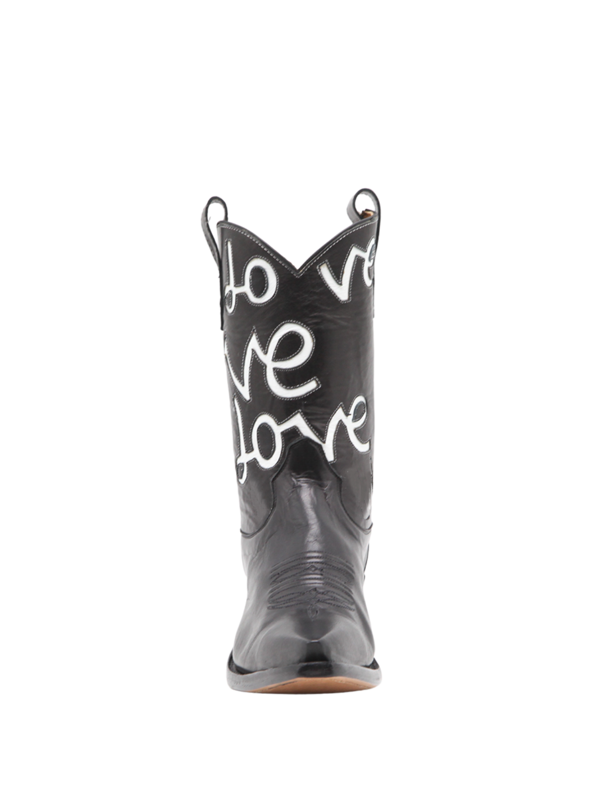 Black Snip-Toe Wide Mid Calf Cowgirl Boots With White LOVE Inlay