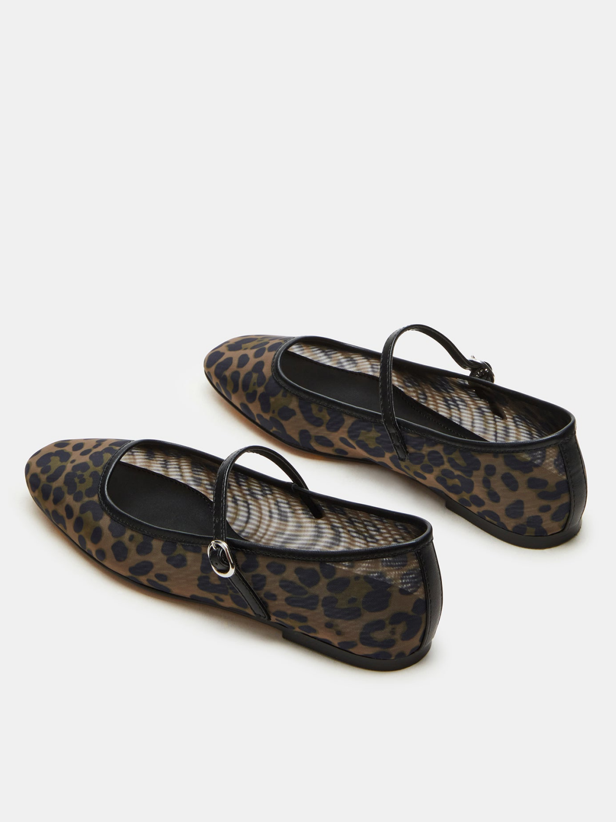 Leopard Mesh Square-Toe Mary Janes Ballet Flats With Bridge Strap