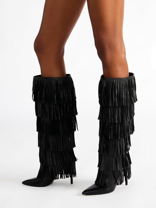 Black Pointed-Toe Fringe Wide Calf Tall Knee High Stiletto Boots