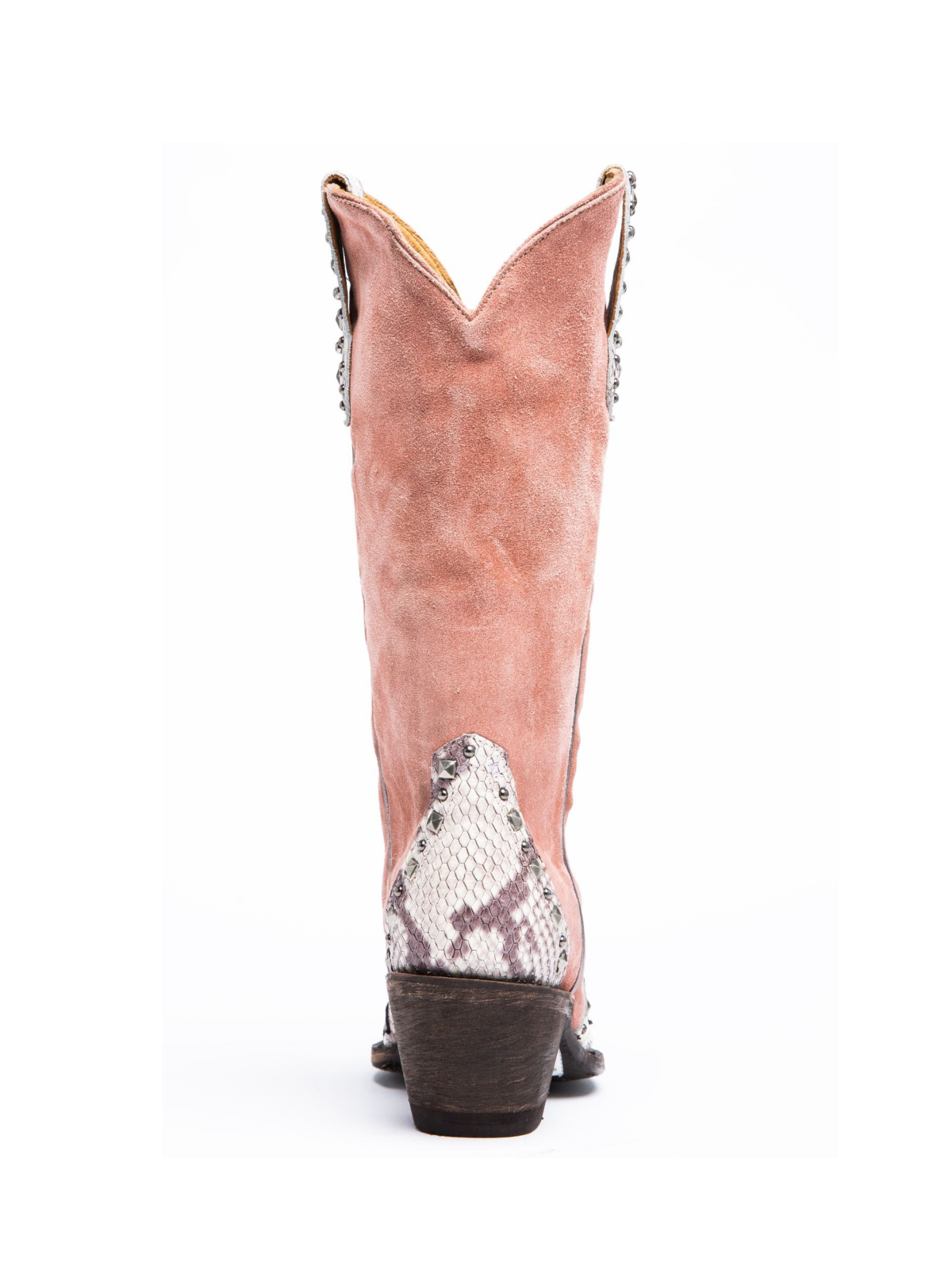 Contrast Snakeskin And Pink Faux Suede Studded Applique Snip-Toe Wide Mid Calf Cowgirl Boots