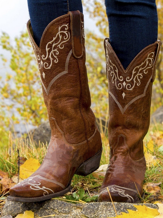 Distressed Brown Snip-Toe Embroidery Tall Wide Mid Calf Cowgirl Boots