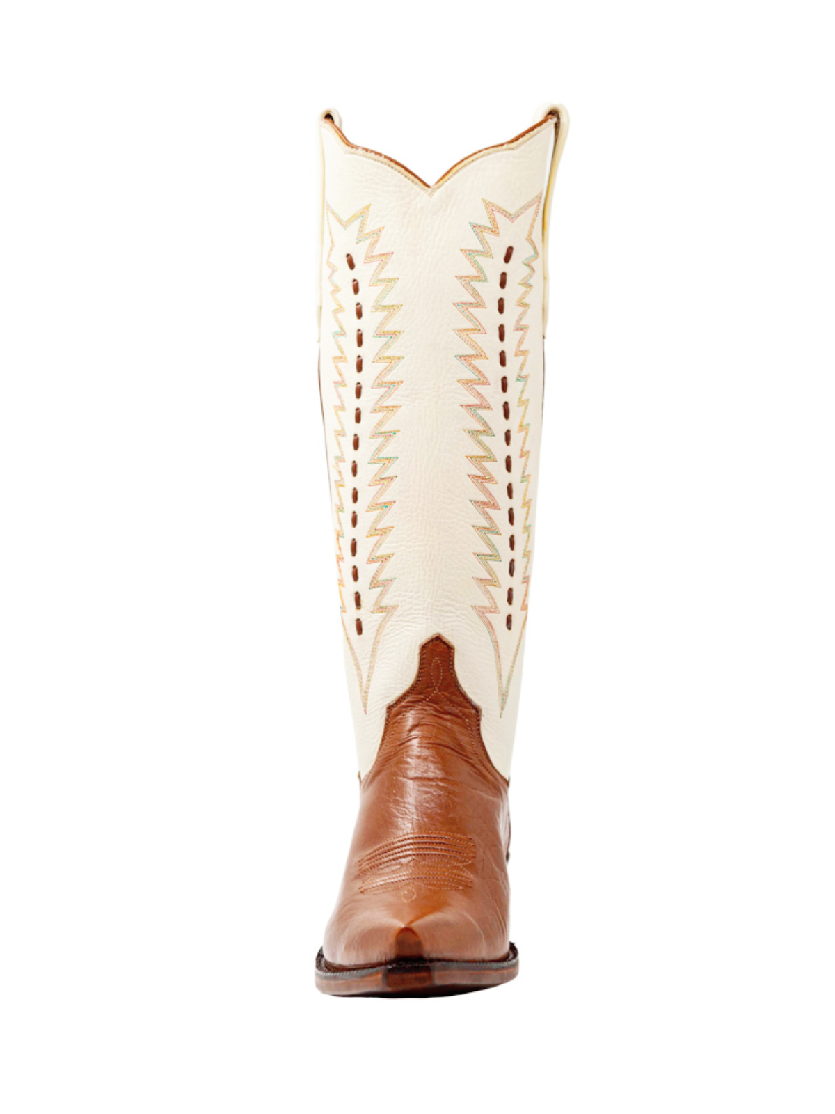 Contrast Cream And Cognac Snip-Toe Embroidery Running Stitch Wide Mid Calf Tall Cowgirl Boots