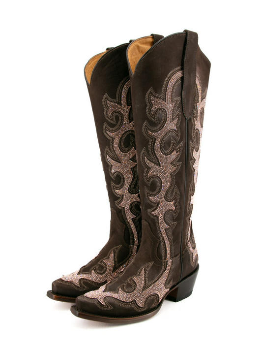 Rhinestone Embroidery Snip-Toe Half-Zip Knee High Tall Cowgirl Boots - Brown