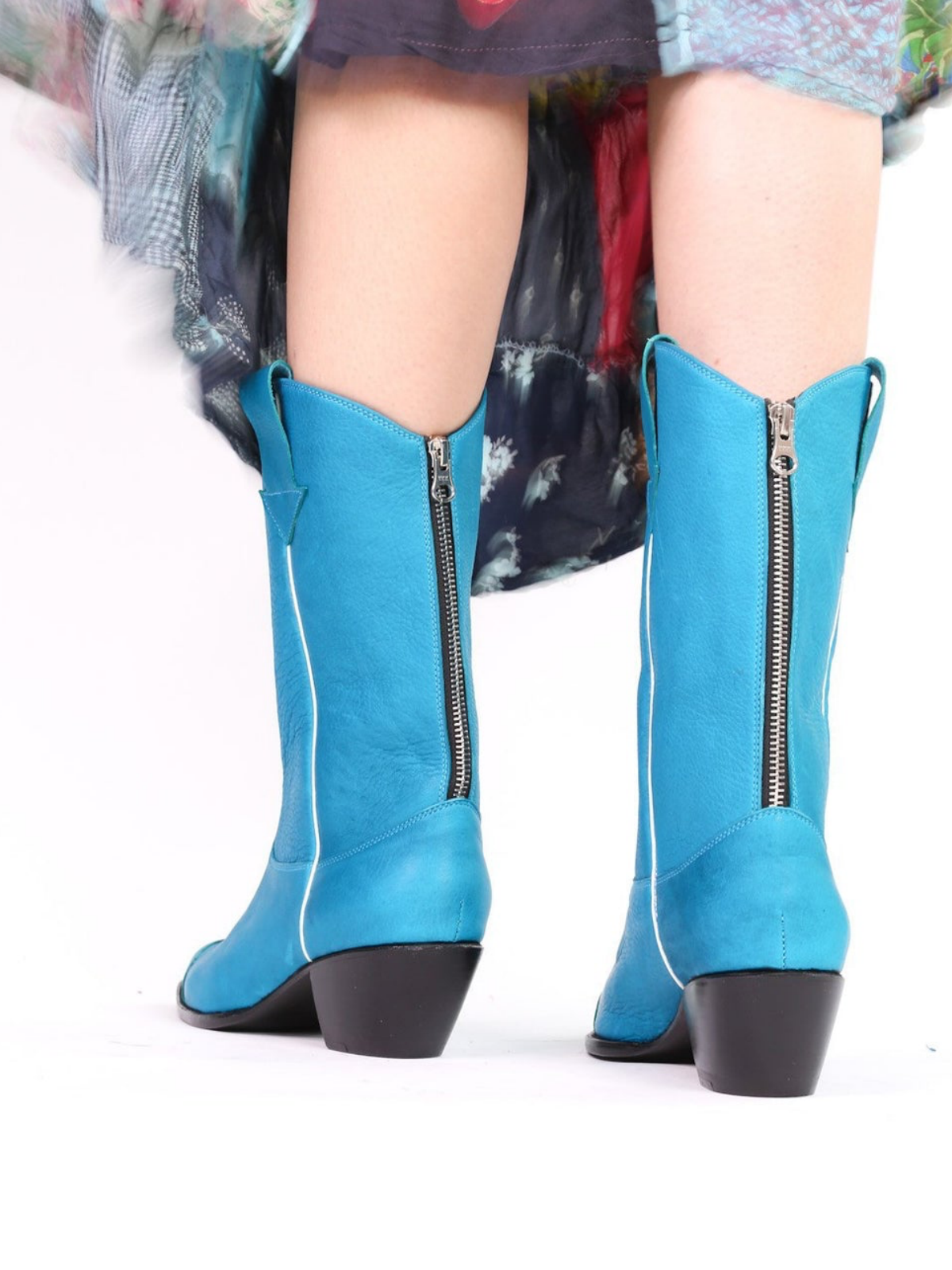 Turquoise Vegan Leather Almond-Toe Back-Zip Mid Calf Cowgirl Boots