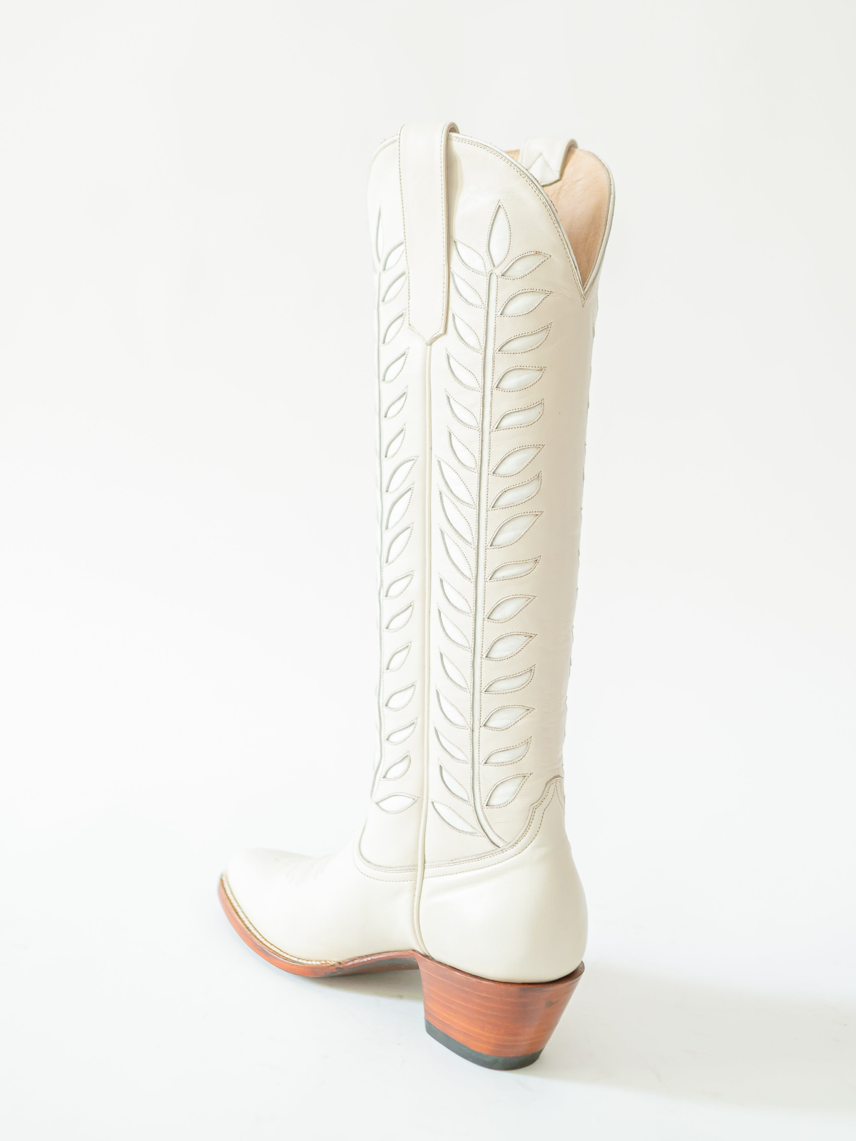 Almond-Toe Ivory Leaves Inlay Wide Calf Tall Knee High Cowgirl Boots - Cream