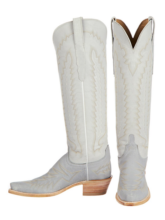 Contrast Ivory And Gray Snip-Toe Embroidery Wide Calf Tall Knee High Cowgirl Boots