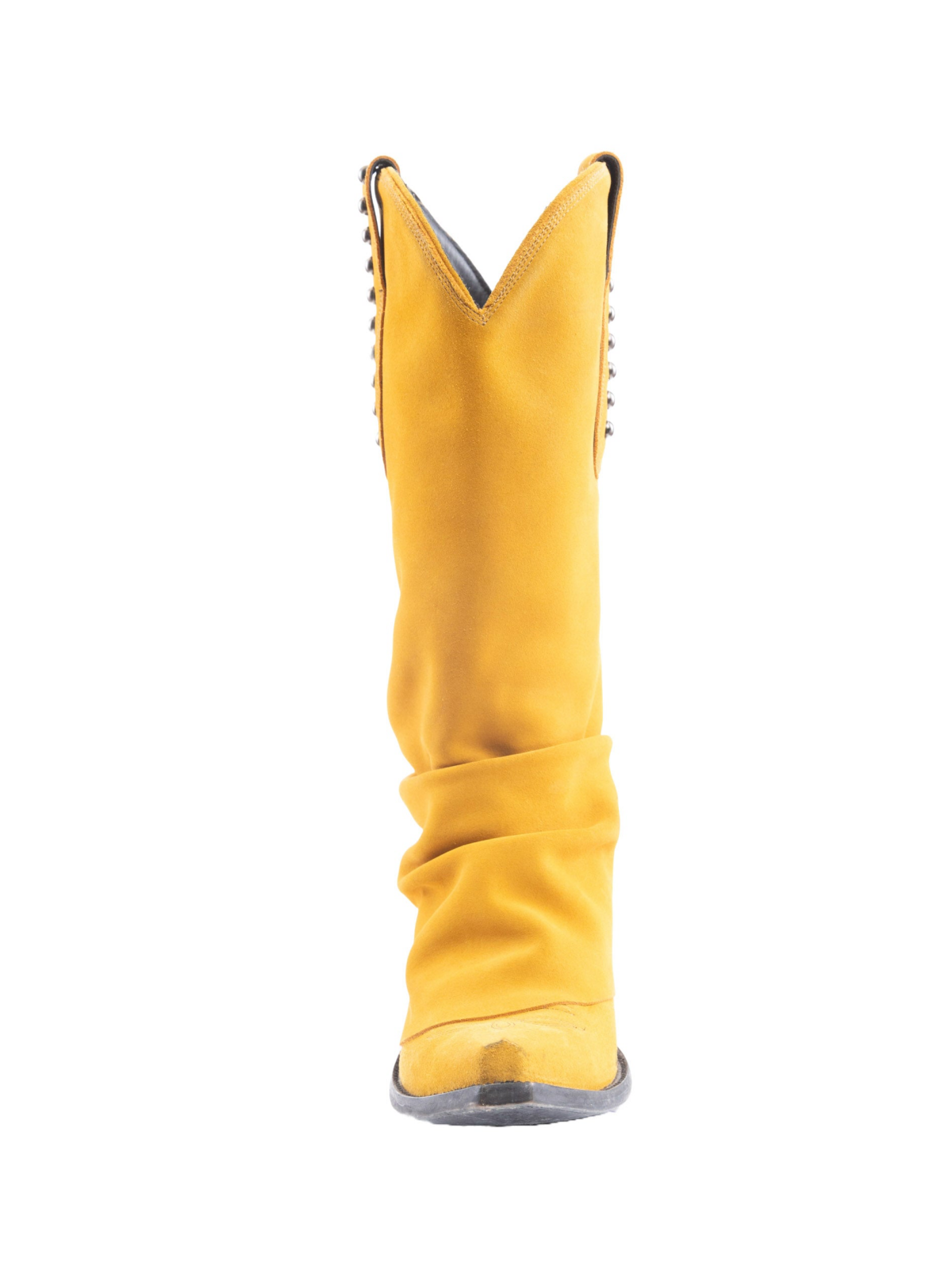 Yellow Faux Suede Snip-Toe Studded Tall Wide Mid Calf Fold-Over Slouch Cowgirl Boots