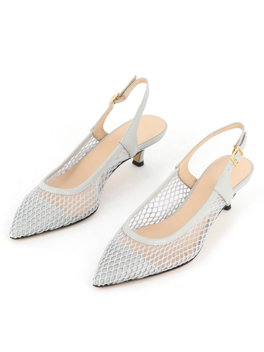 Pearl Grey Pointy Kitten Heels Slingback Pumps in Fishnet & Vegan Leather