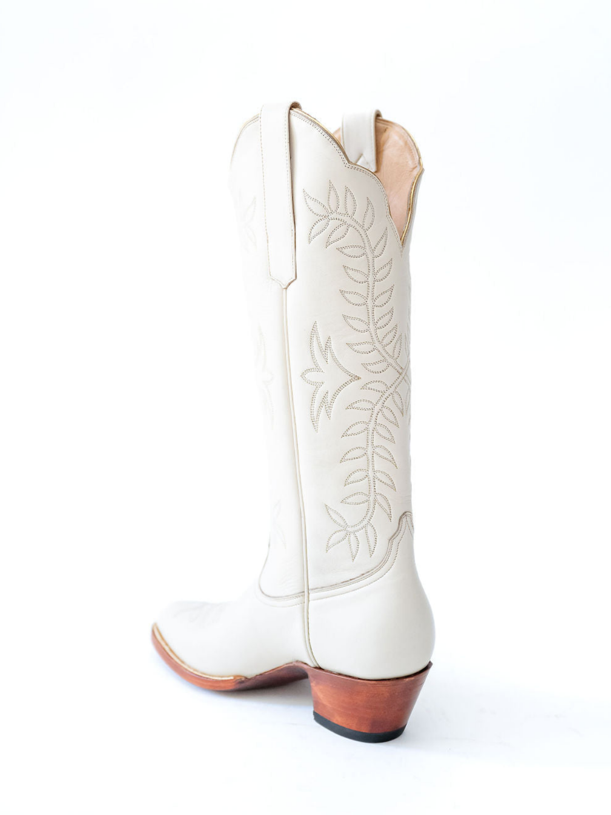 Leaves Embroidery Almond-Toe Wide Mid Calf Cowgirl Boots - Ivory