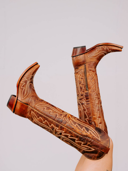 Distressed Honey Snip-Toe Half-Zip Classic Embroidery Knee High Cowgirl Boots