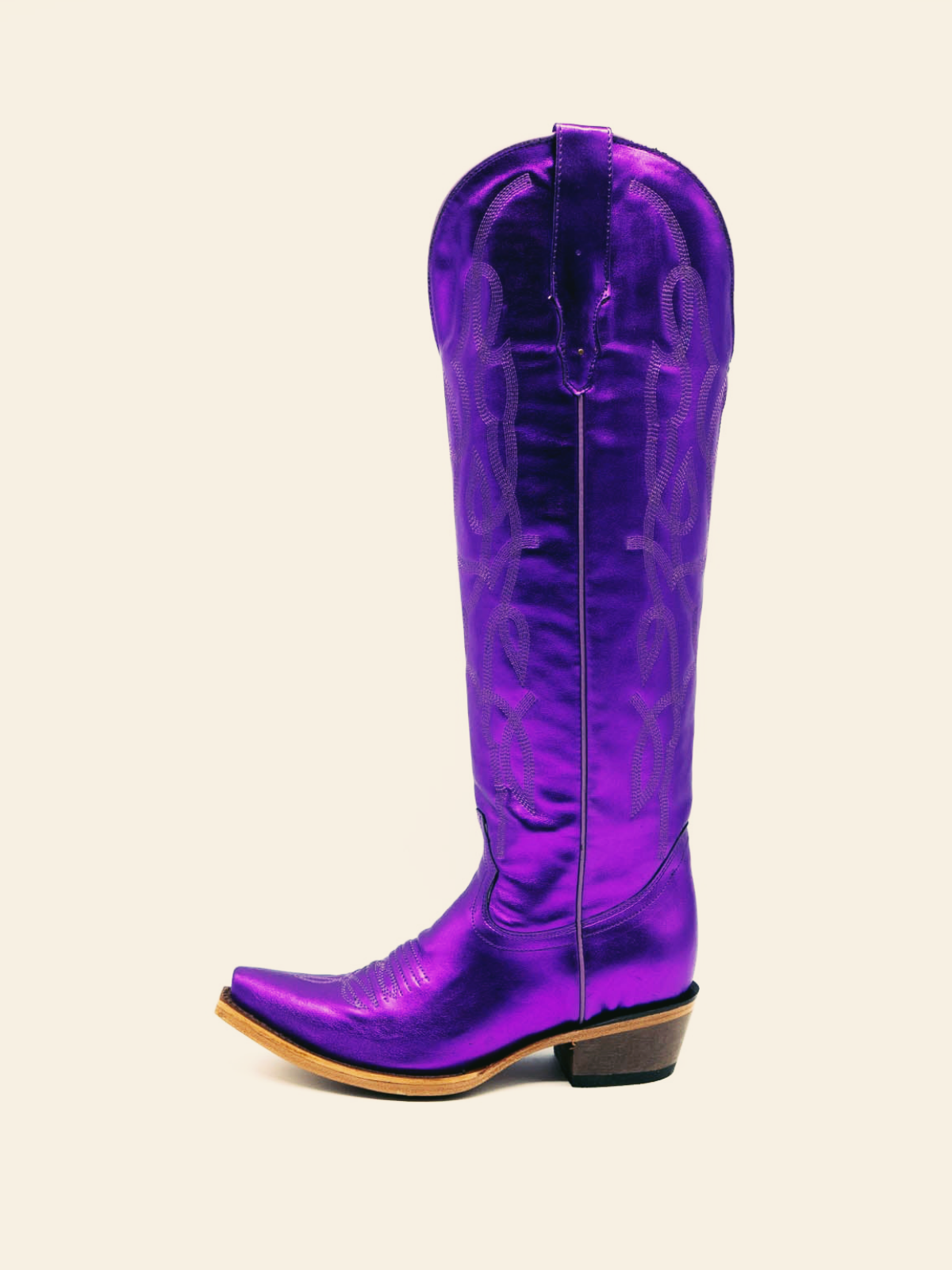 Metallic Purple Embroidery Snip Toe Wide Calf Knee High Western Boots Fuchsia Boots