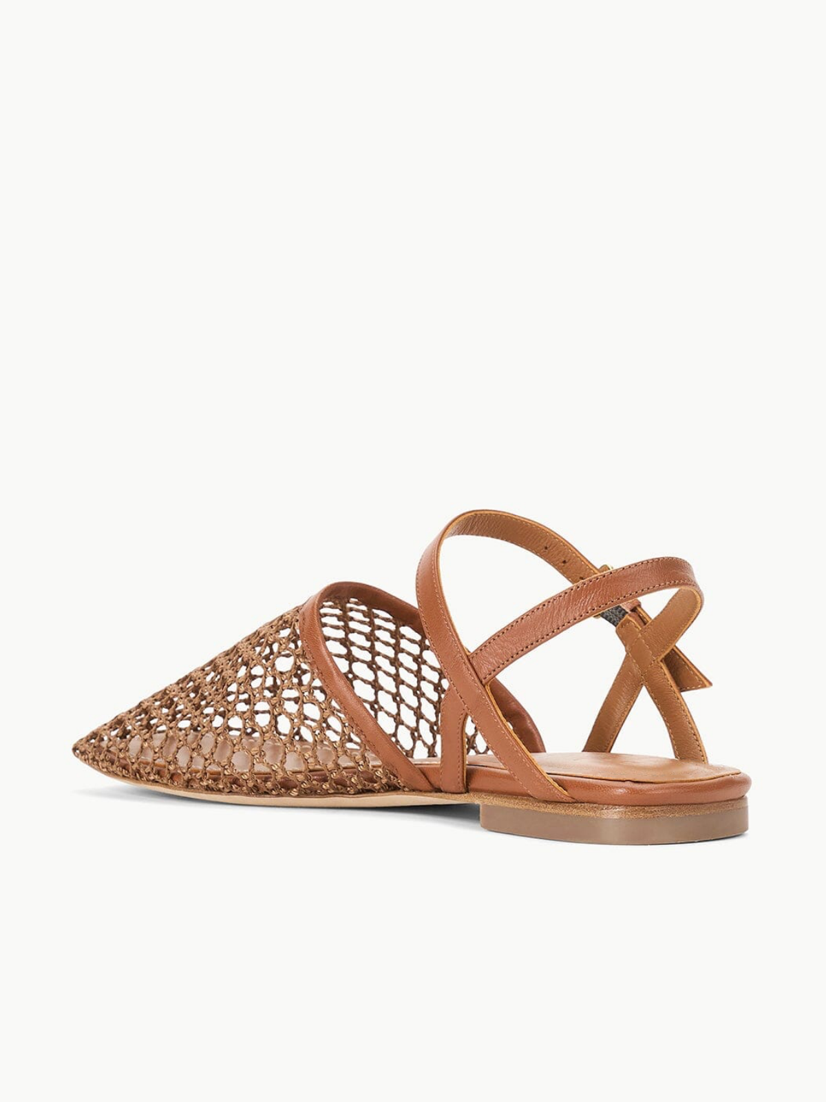 Brown Netting Square Toe Flats Sandals With Ankle Strap