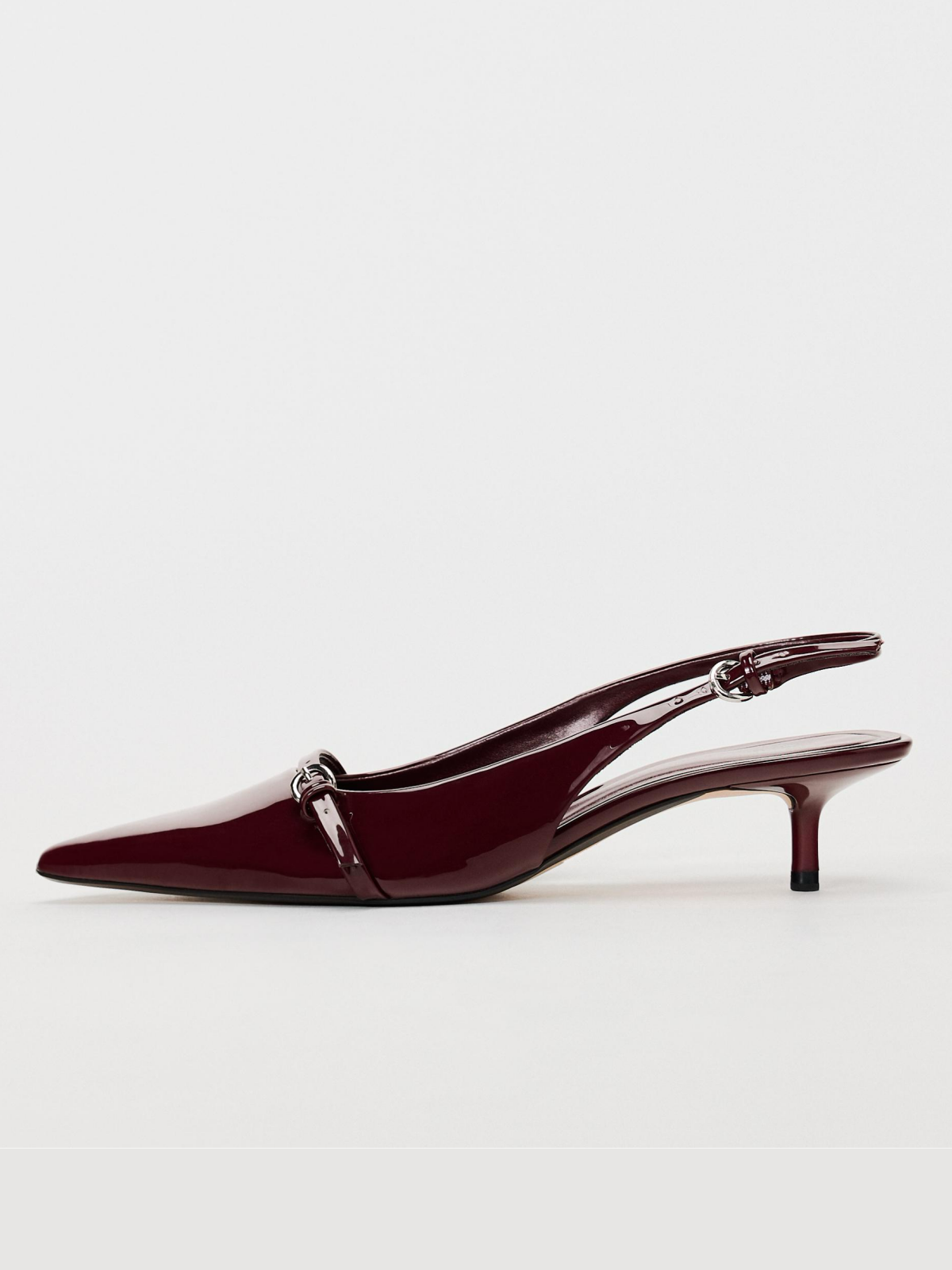 Patent Burgundy Pointed-Toe Front Strap With Buckle Slingback Kitten Heels