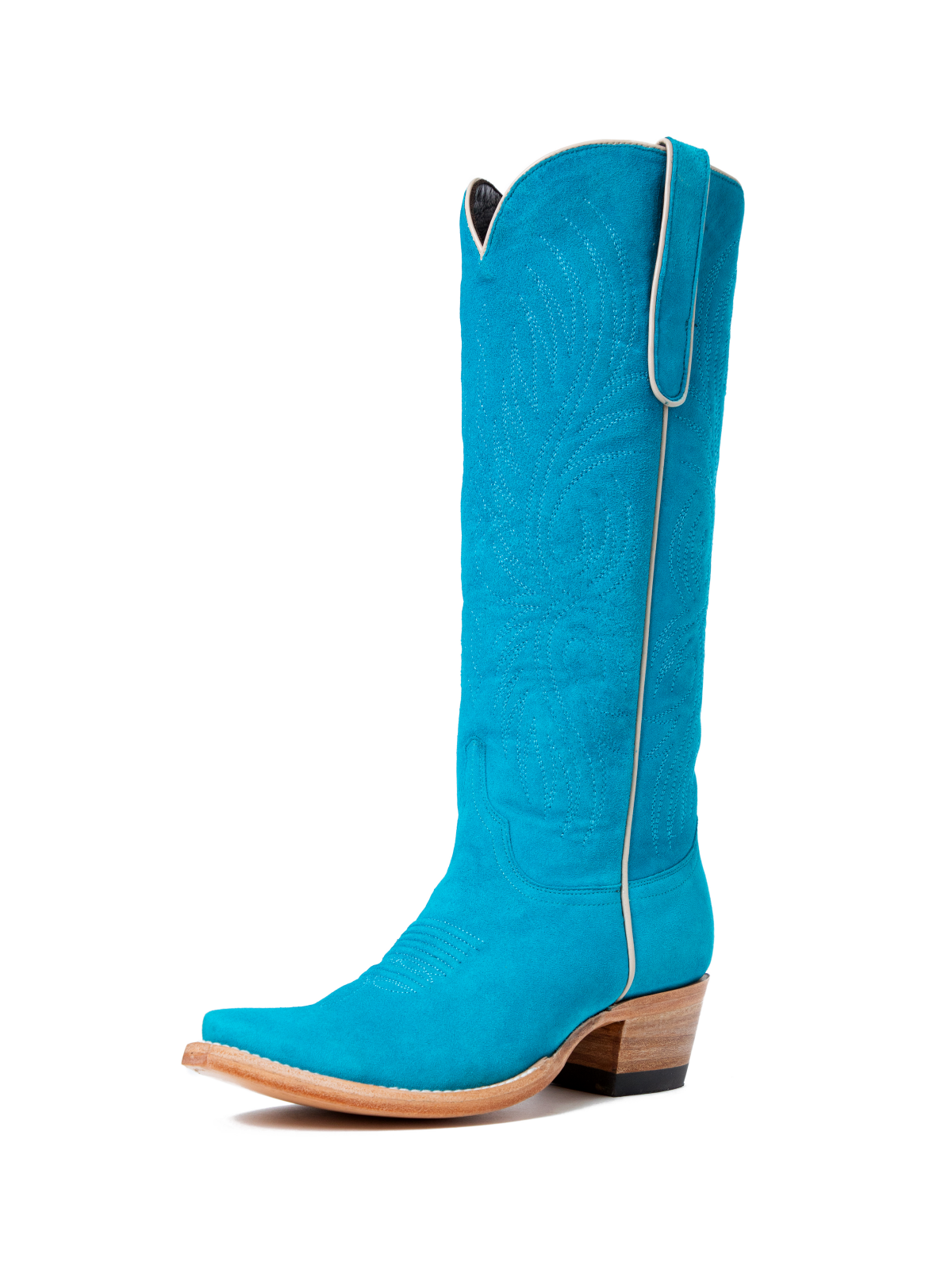 Blue Faux Suede Embroidery Snip-Toe Wide Mid Calf Cowboy Tall Boots For Women