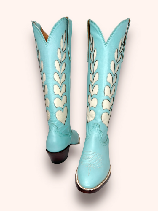 Heart Inaly Almond-Toe Wide Mid Calf Tall Cowgirl Boots - Light Blue