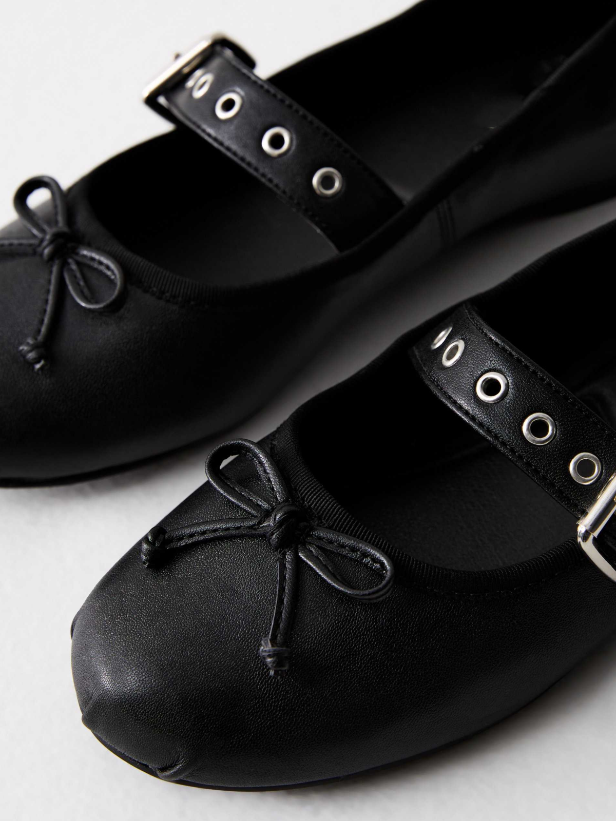 Black Bow Ballet Flats Mary Janes With Eyelet Buckled Strap