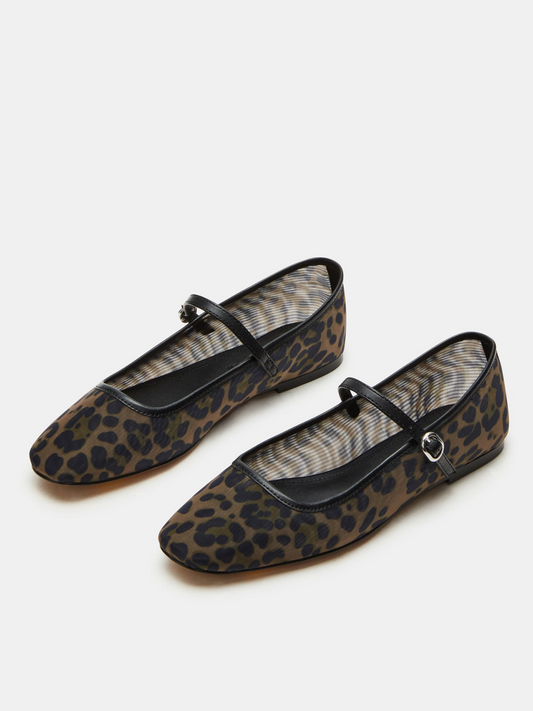 Leopard Mesh Square-Toe Mary Janes Ballet Flats With Bridge Strap