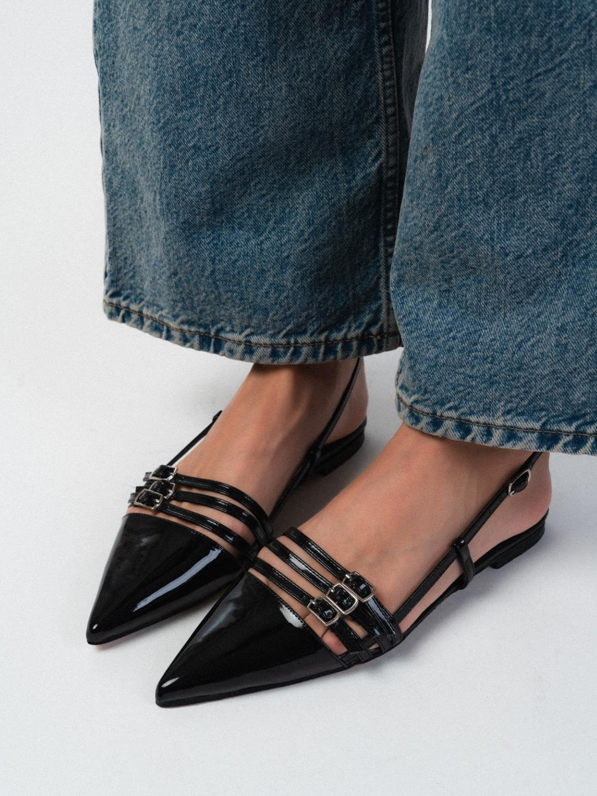 Black Patent Pointy Ballet Flats Slingbacks With Tripple Parallel Straps