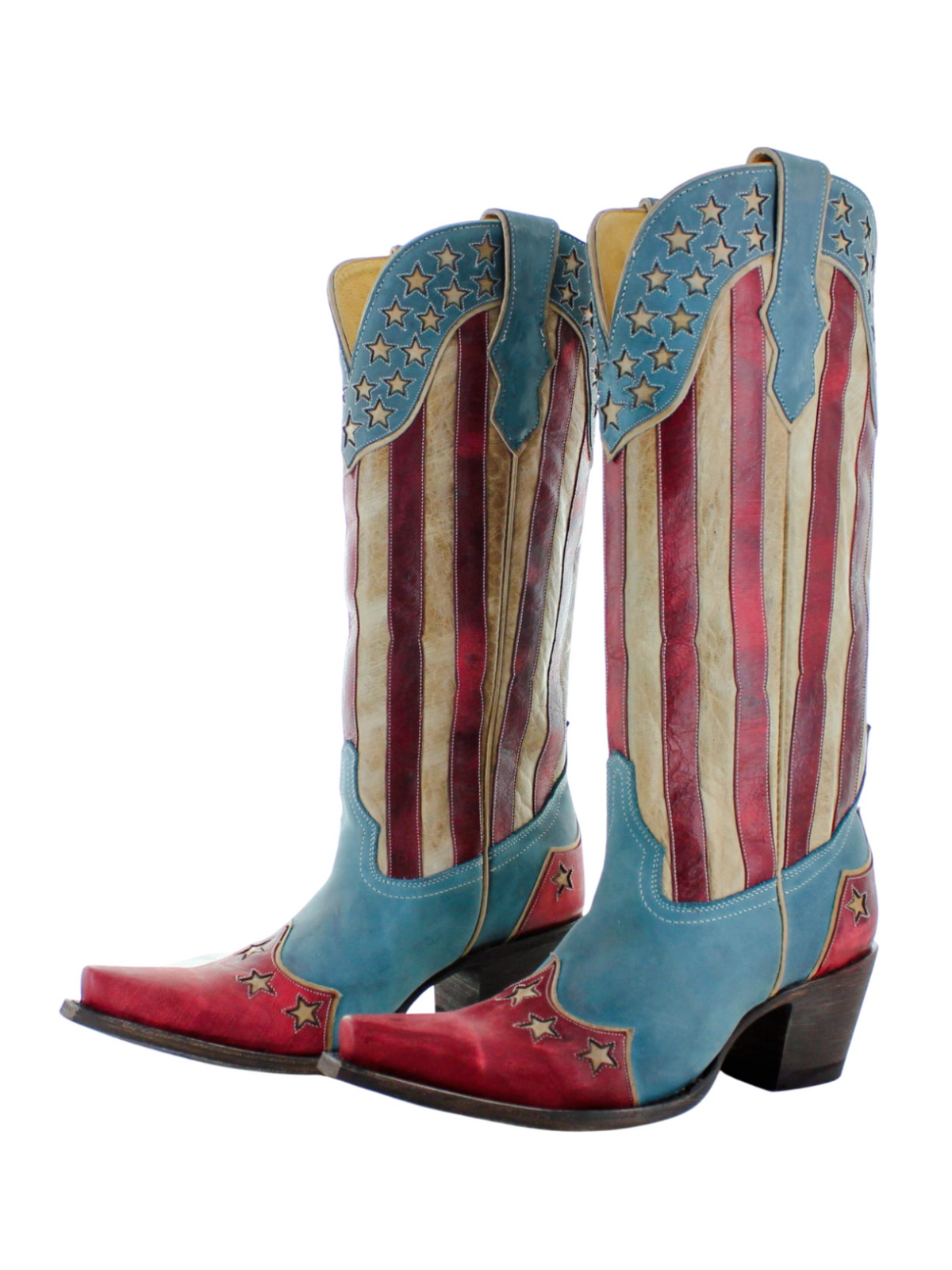 Contrast Tri-Color Snip-Toe Bone Star Inlay Wide Mid Calf Cowgirl Boots