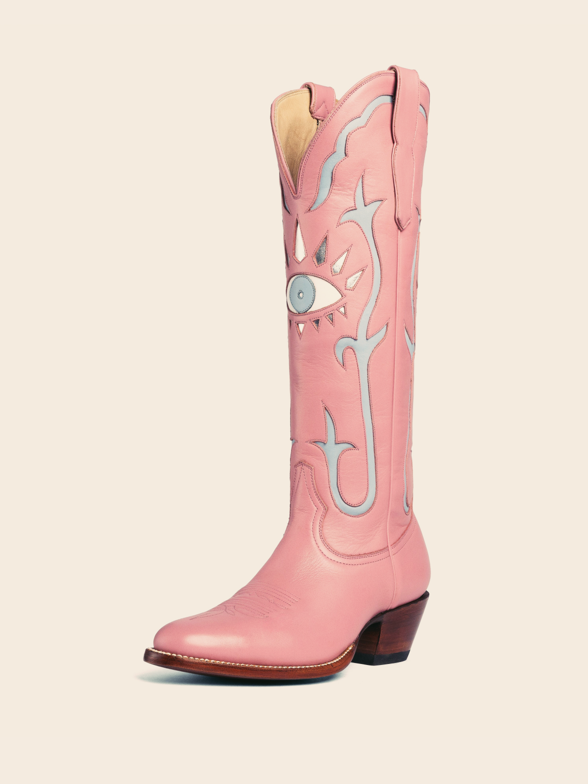 Pink Evil Eye Inlay Almond-Toe Wide Mid Calf Western Cowgirl Tall Boots