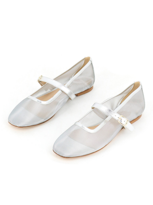 Metallic Round-Toe Ballet Flats Mary Janes with Adjustable Strap in Silver Mesh