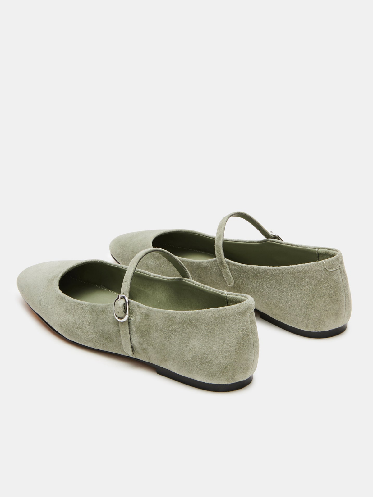 Gray Faux Suede Square-Toe Mary Janes Ballet Flats With Bridge Strap