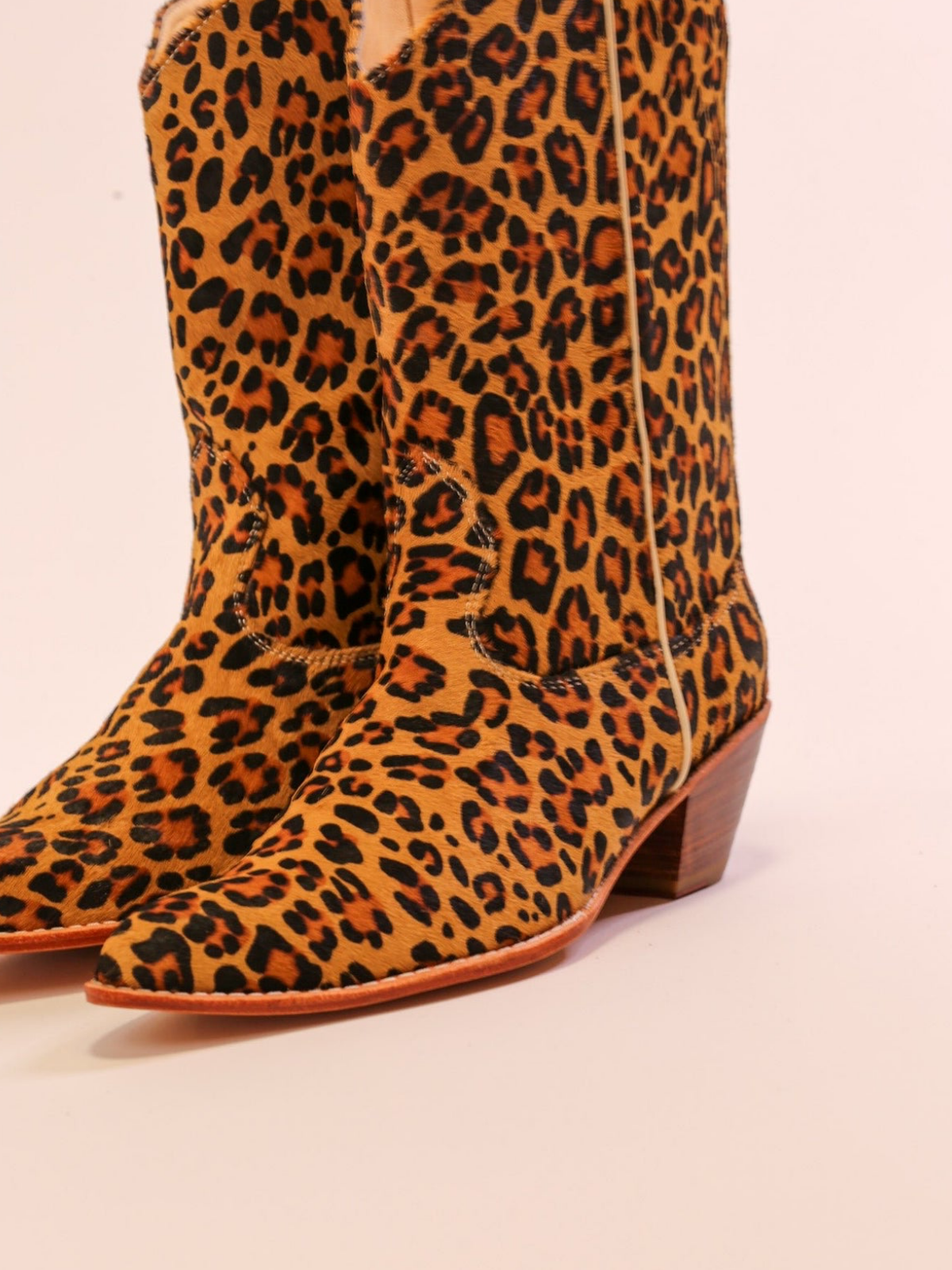 Faux Leopard Print Pony Hair Almond-Toe Back-Zip Mid Calf Cowgirl Boots