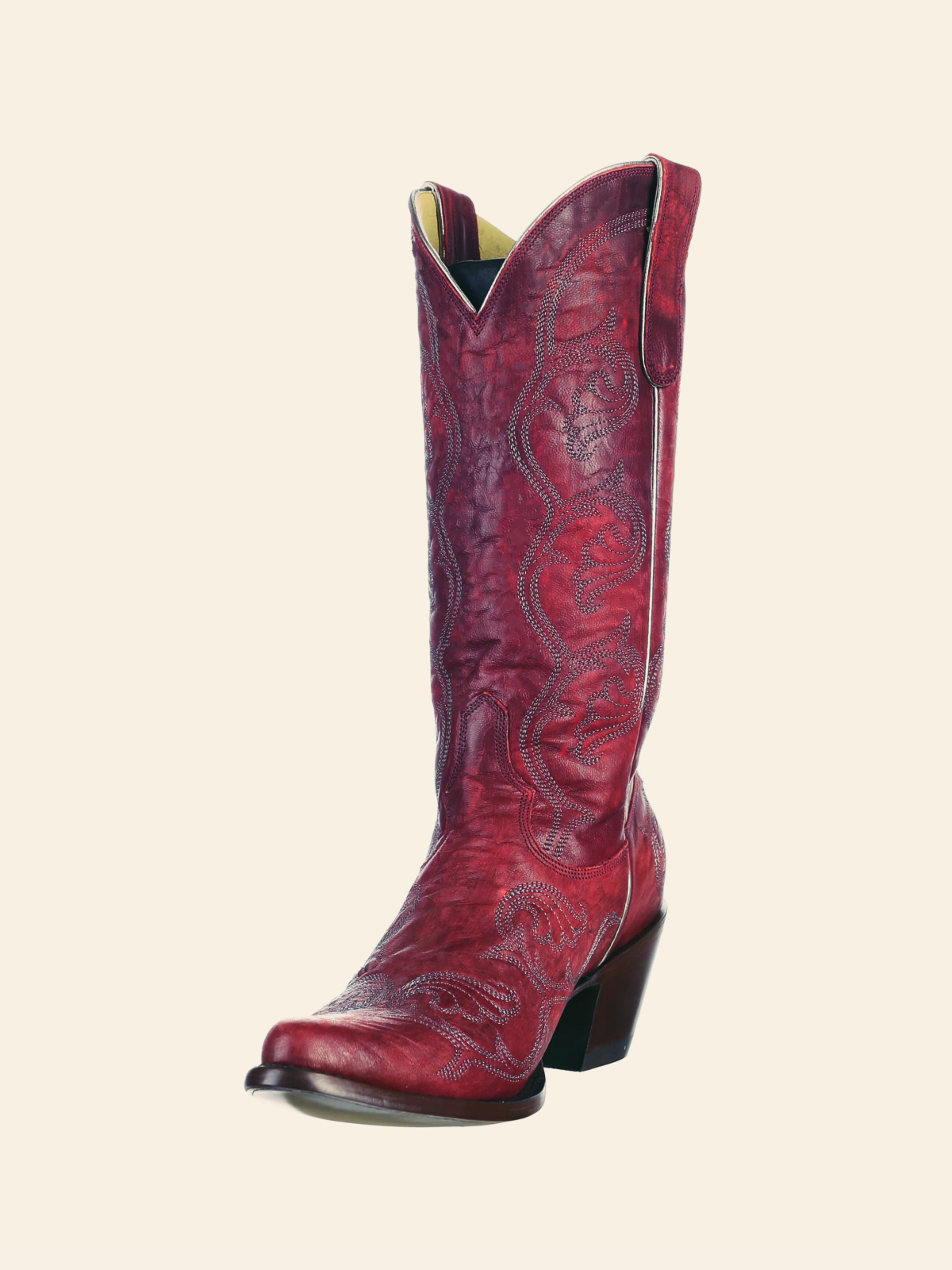 Crimson Red Distressed Embroidery Pointed-Toe Wide Mid Calf Cowgirl Boots Western Tall Boots