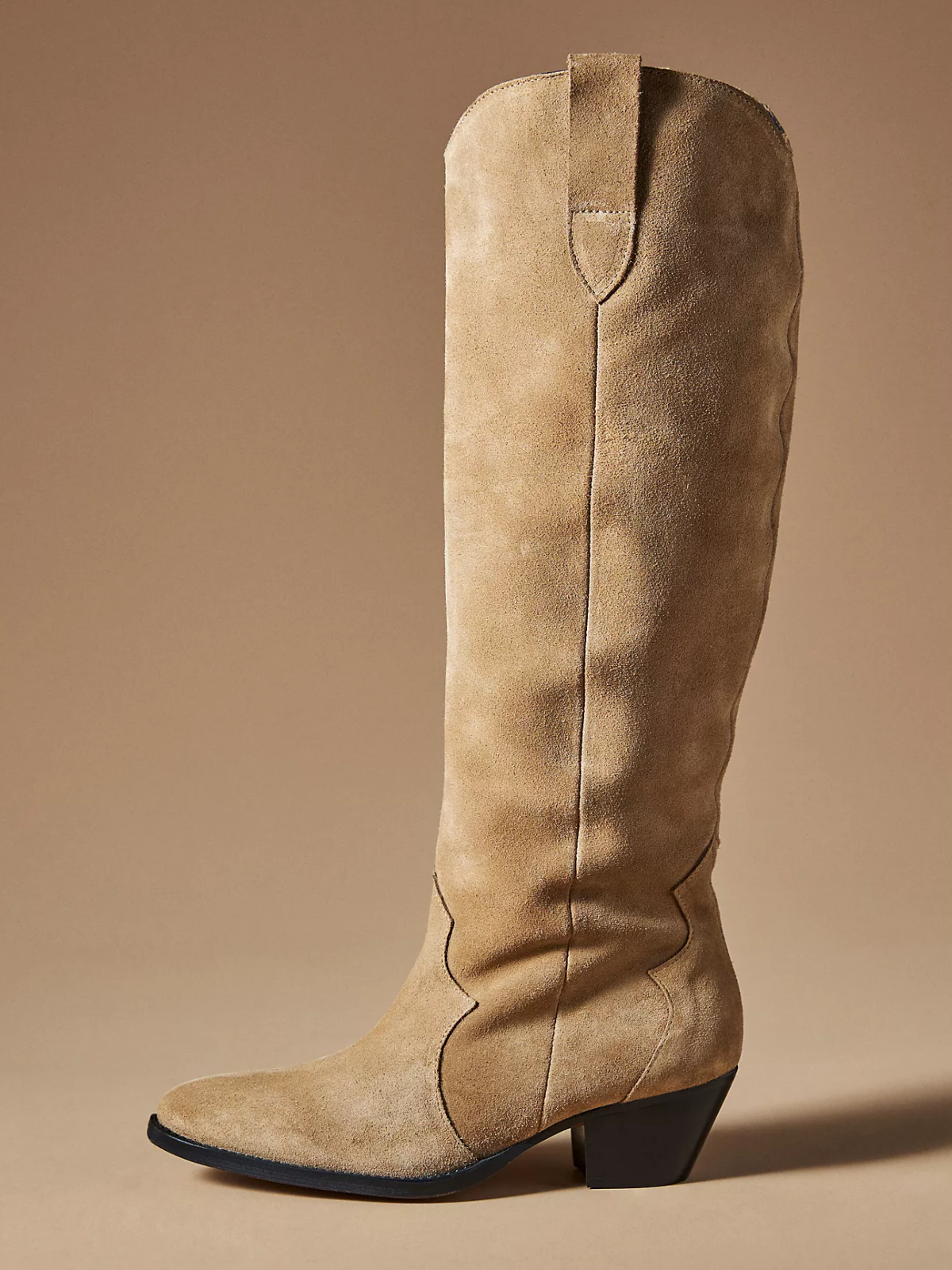 Taupe Faux Suede Almond-Toe Wide Mid Calf Western Boots For Women