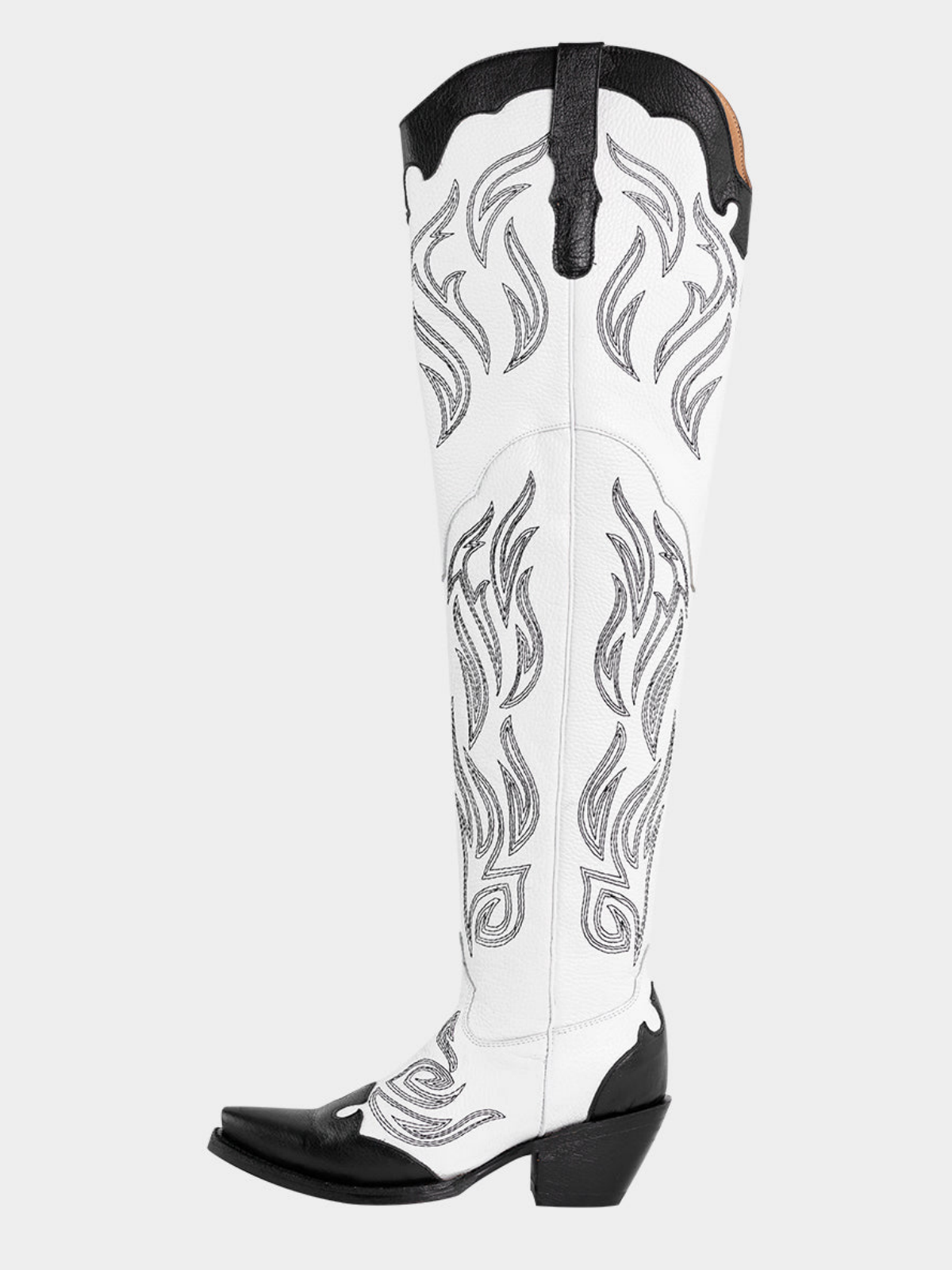 Contrast White And Black Snip-Toe Embroidery Wide Calf Over-The-Knee Western Boots