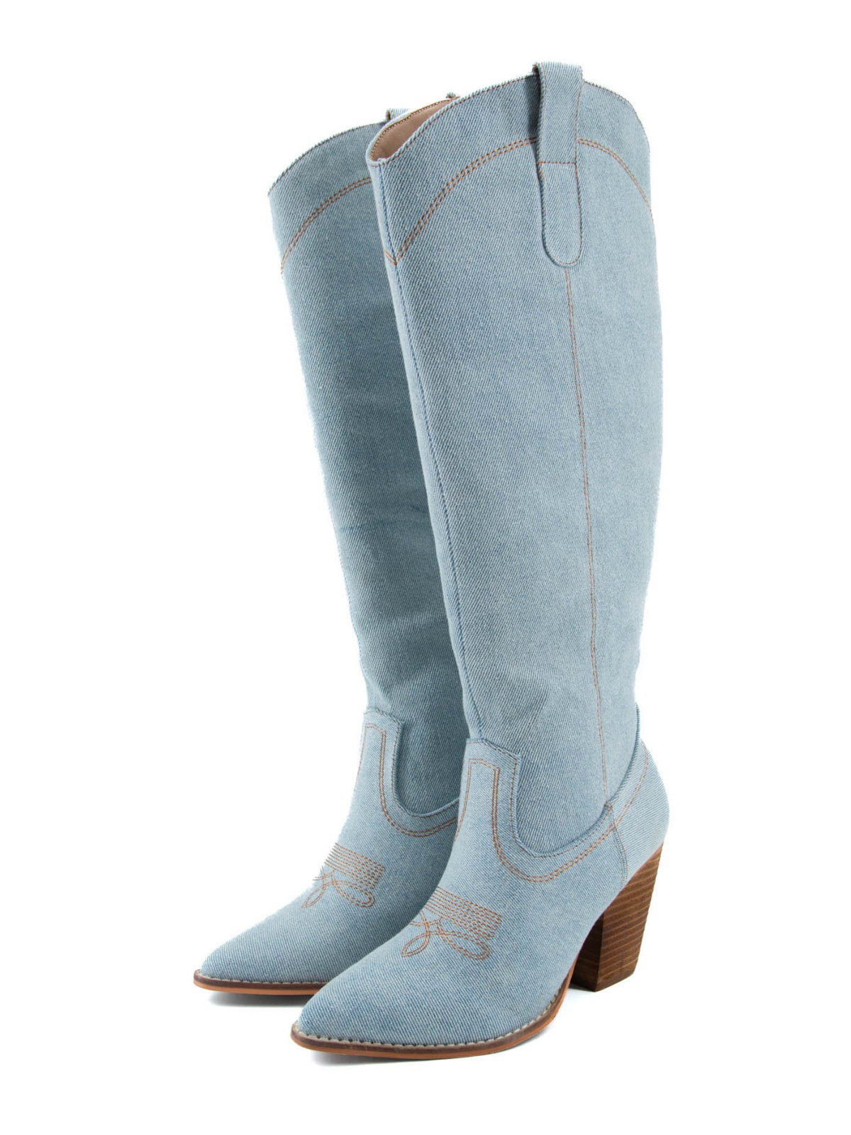 Light Blue Denim Pointed-Toe Wide Calf Tall Knee High Cowgirl Boots