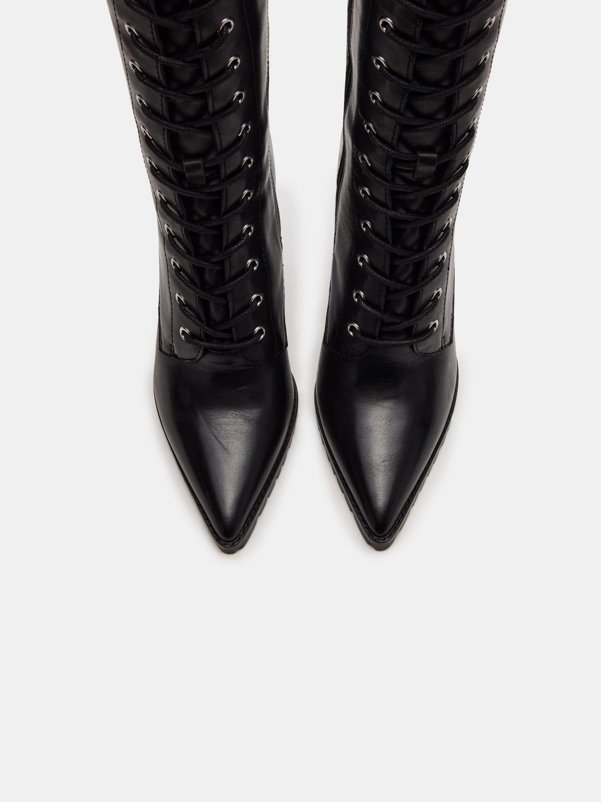 Black Pointed-Toe Lace-Up Full-Zip Mid Calf Stiletto Boots