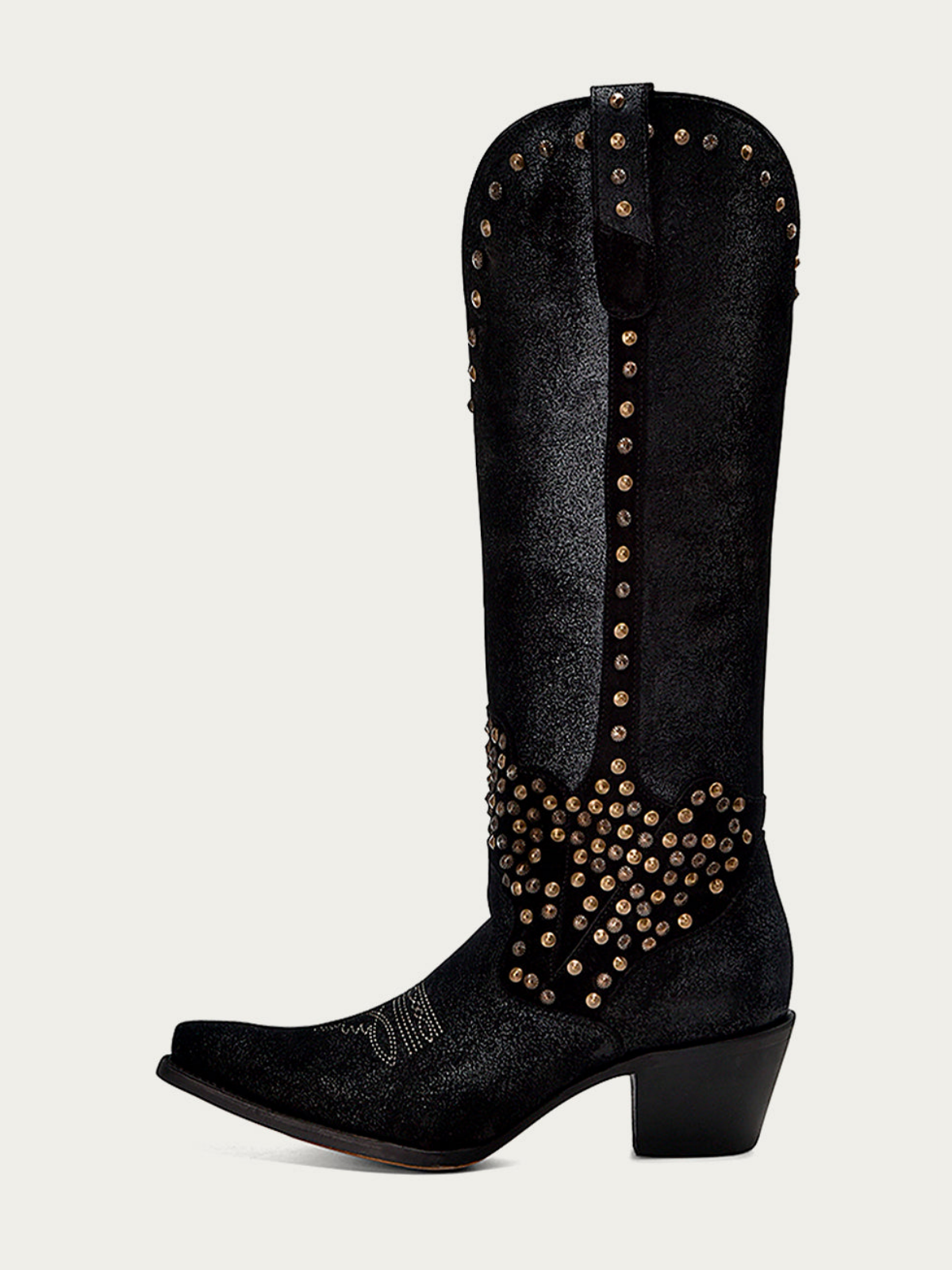 Black Pointed-Toe Studded Embroidery Wide Calf Tall Knee High Cowgirl Boots