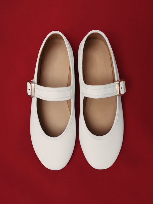 White Buckled Detailed Oval Ballet Flats Mary Janes With Wide Strap