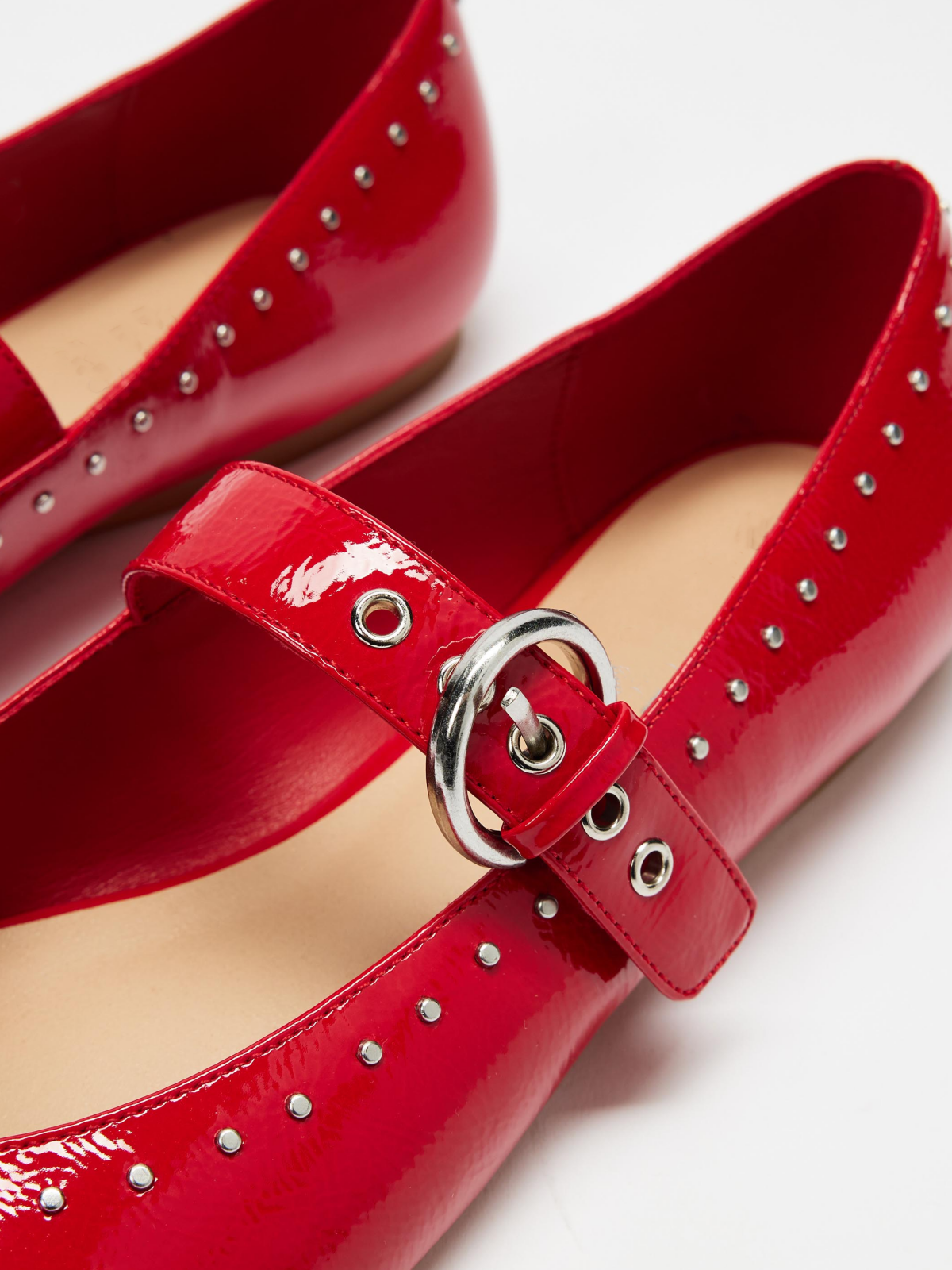 Red Patent Studded Square-Toe Mary Jane Ballet Flats With Grommet Eyelet Buckled Strap