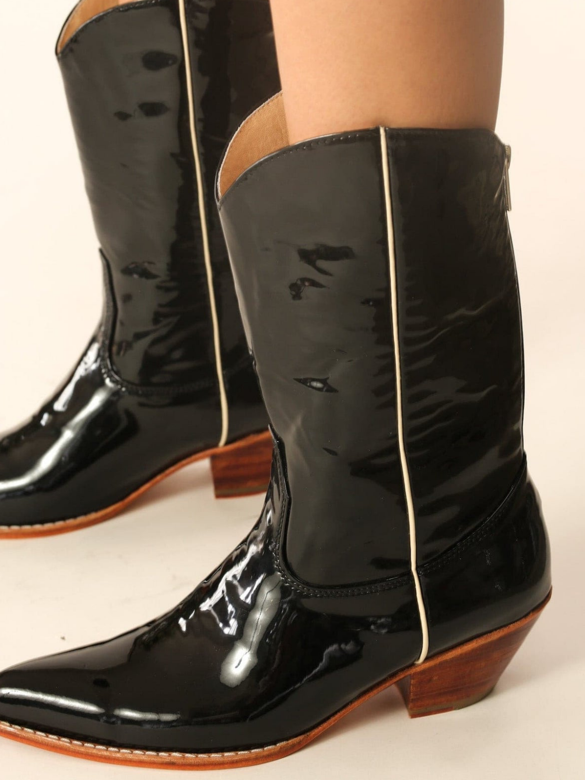 Black Patent Leather Almond-Toe Back-Zip Mid Calf Cowgirl Boots