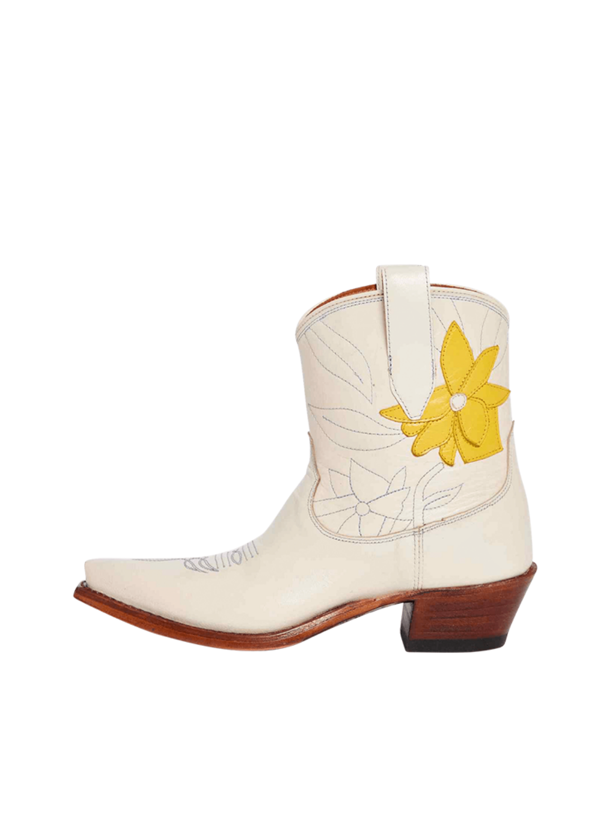 Cream Snip-Toe Embroidery Flower Applique Wide Mid Calf Cowgirl Boots