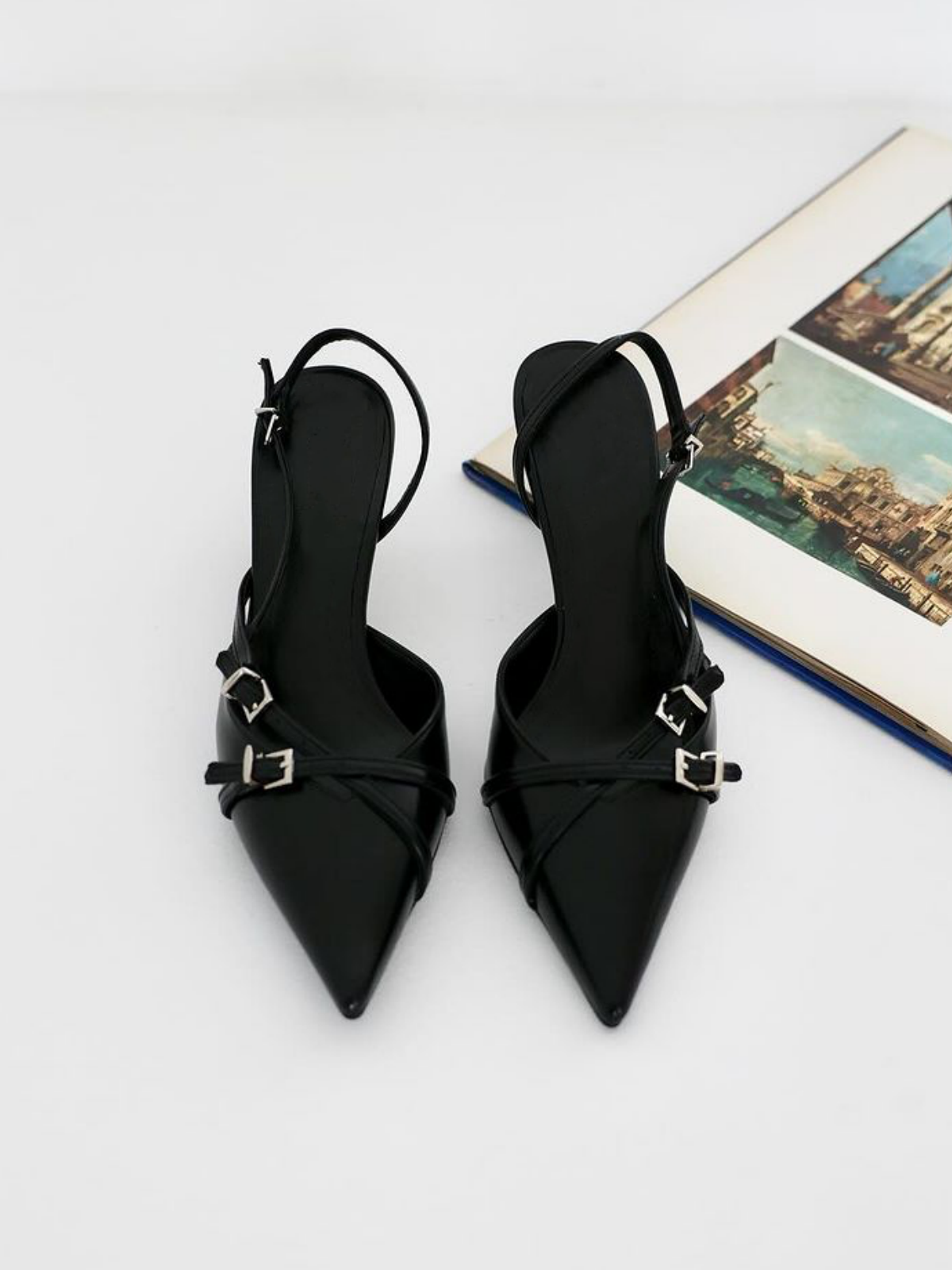 Black Vegan Leather Kitten Heels Slingback Courts Pumps With Crossed Buckled Strap