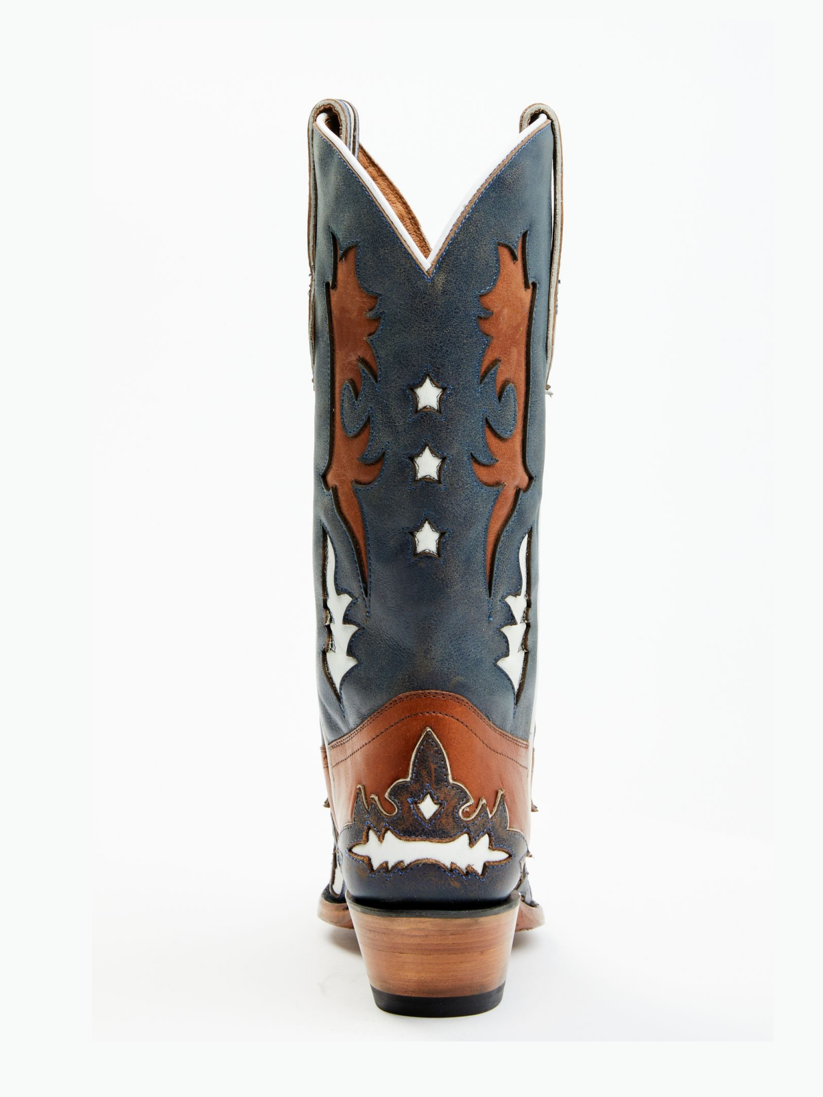 Contrast Brown And Blue Snip-Toe Star Inlay Toebox Applique Wide Mid Calf Tall Cowgirl Boots