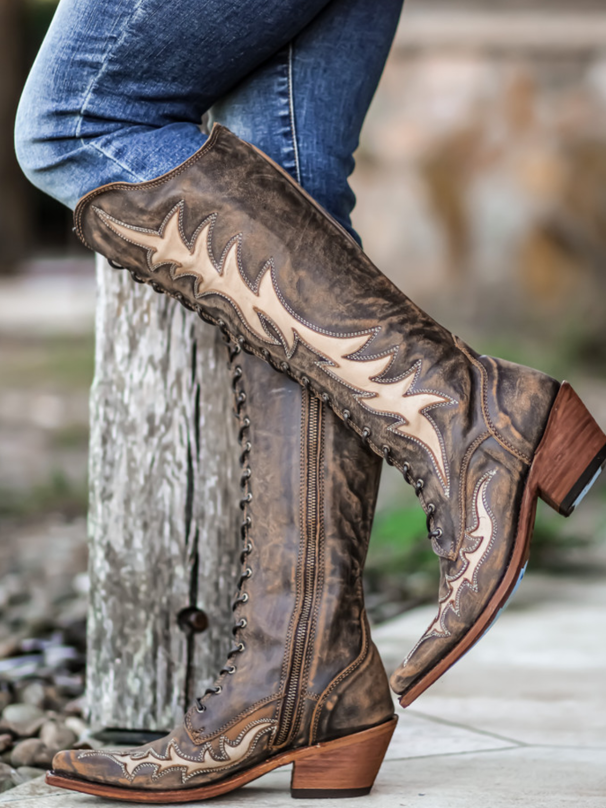 Distressed Brown Snip-Toe Inlay Lace Up Full-Zip Mid Calf Cowgirl Boots