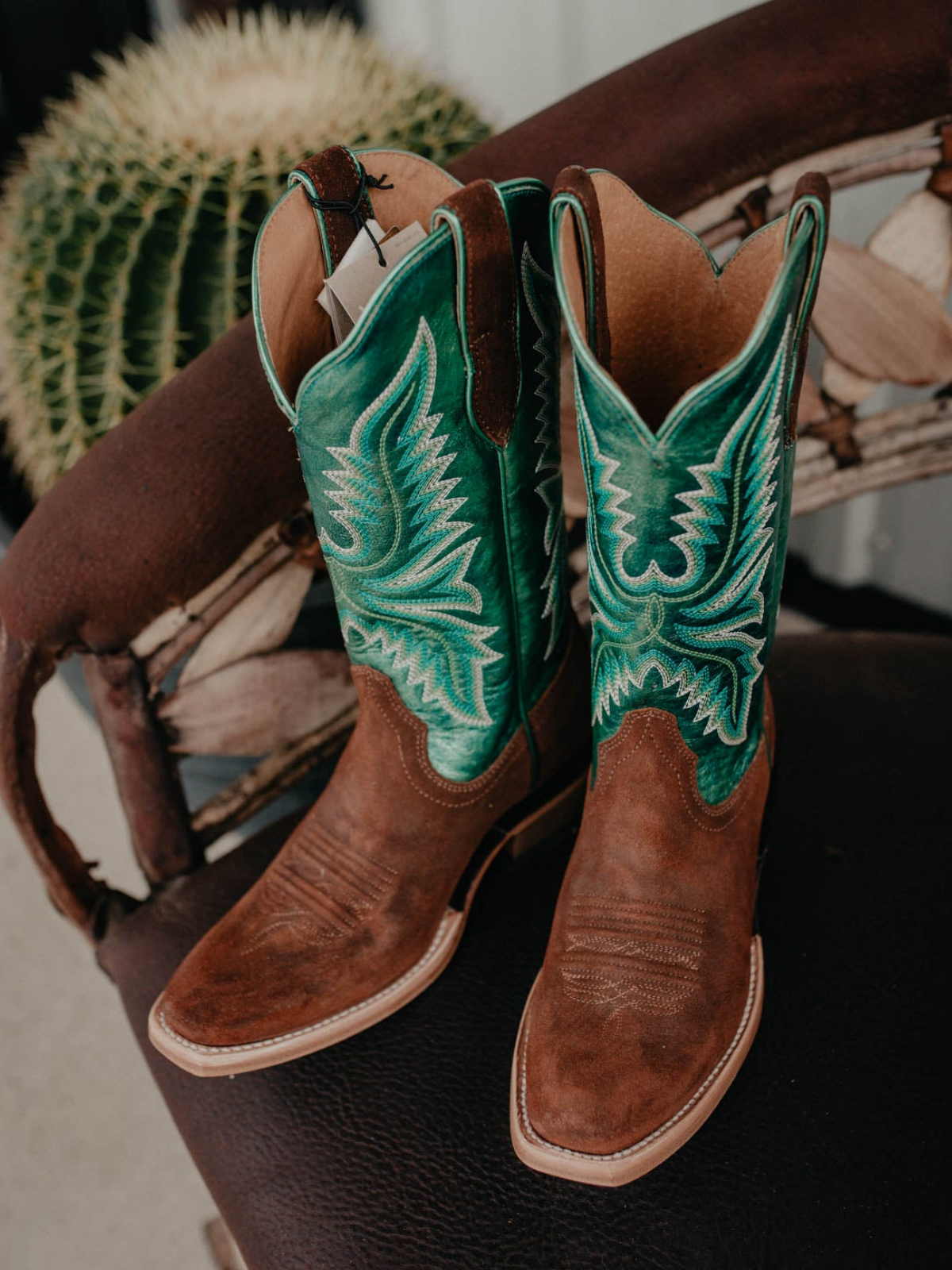 Contrast Brown And Green Square-Toe Embroidery Wide Mid Calf Cowgirl Boots