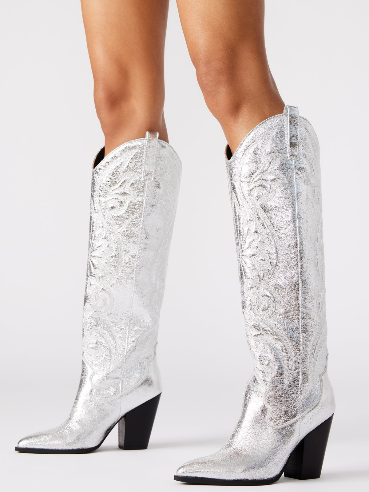 Metallic Silver Embroidery Pointed-Toe Tall Wide Calf Knee High Cowgirl Boots