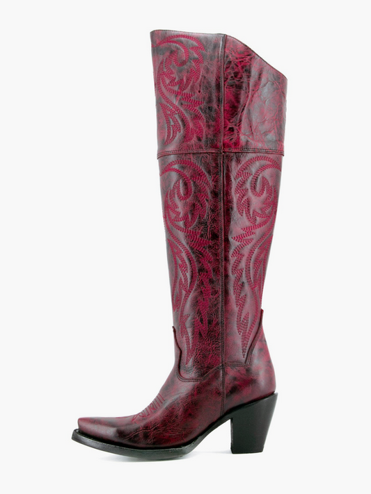 Distressed Snip-Toe Embroidery Tall Half-Zip Knee High Cowgirl Boots - Wine Red