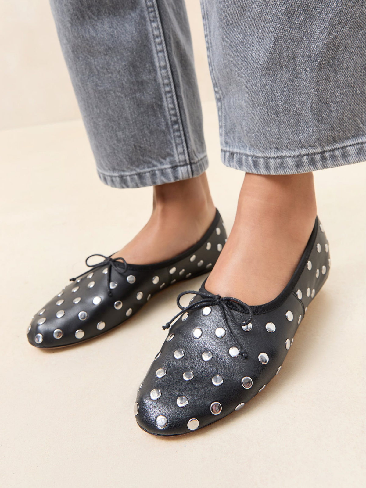 Black Almond-Toe Bow Ballet Flats With Silver Studs