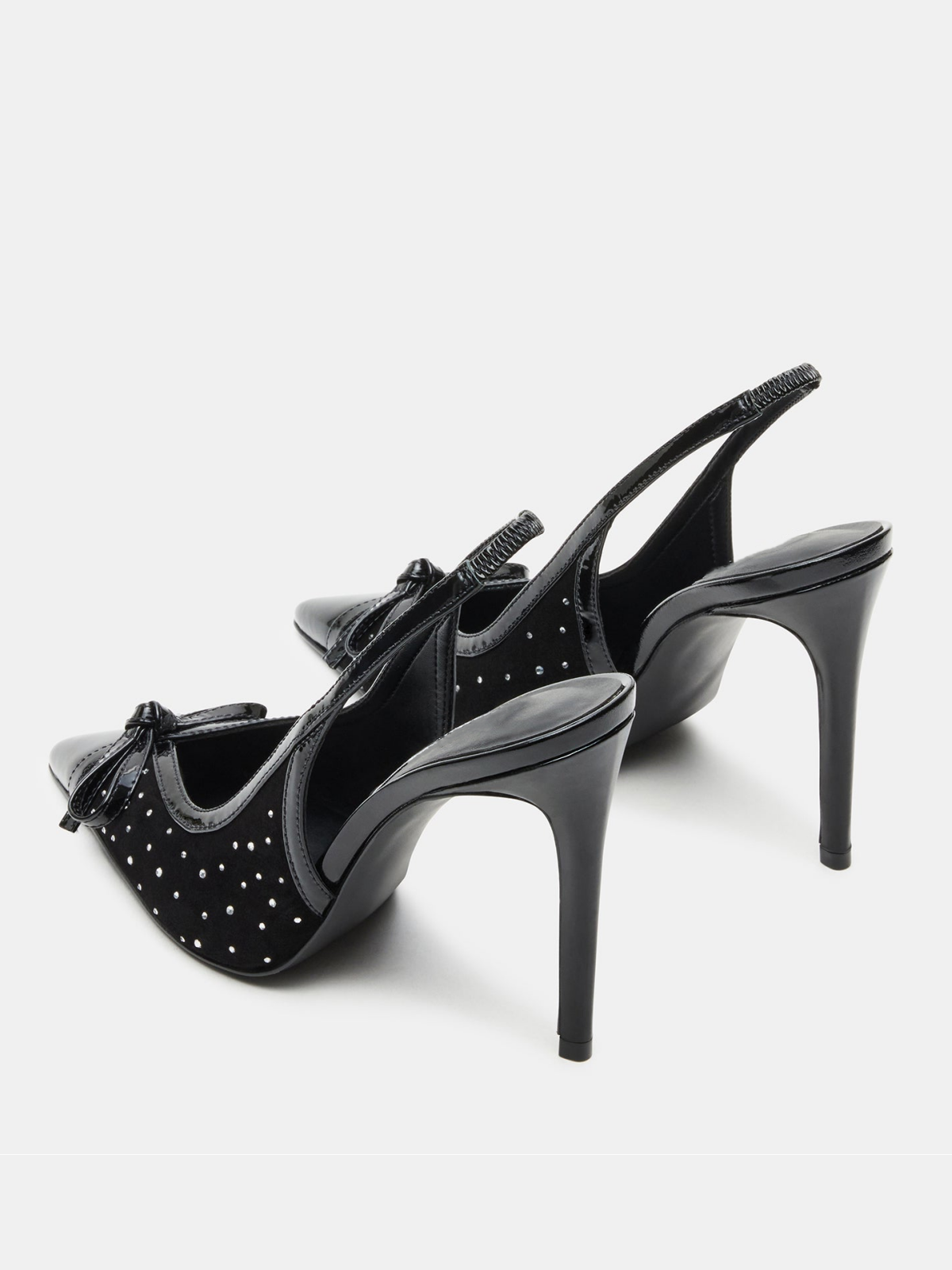 Black Contrast Patent Leather And Mesh Pointed-Toe Slingback Rhinestone Bow High Heels