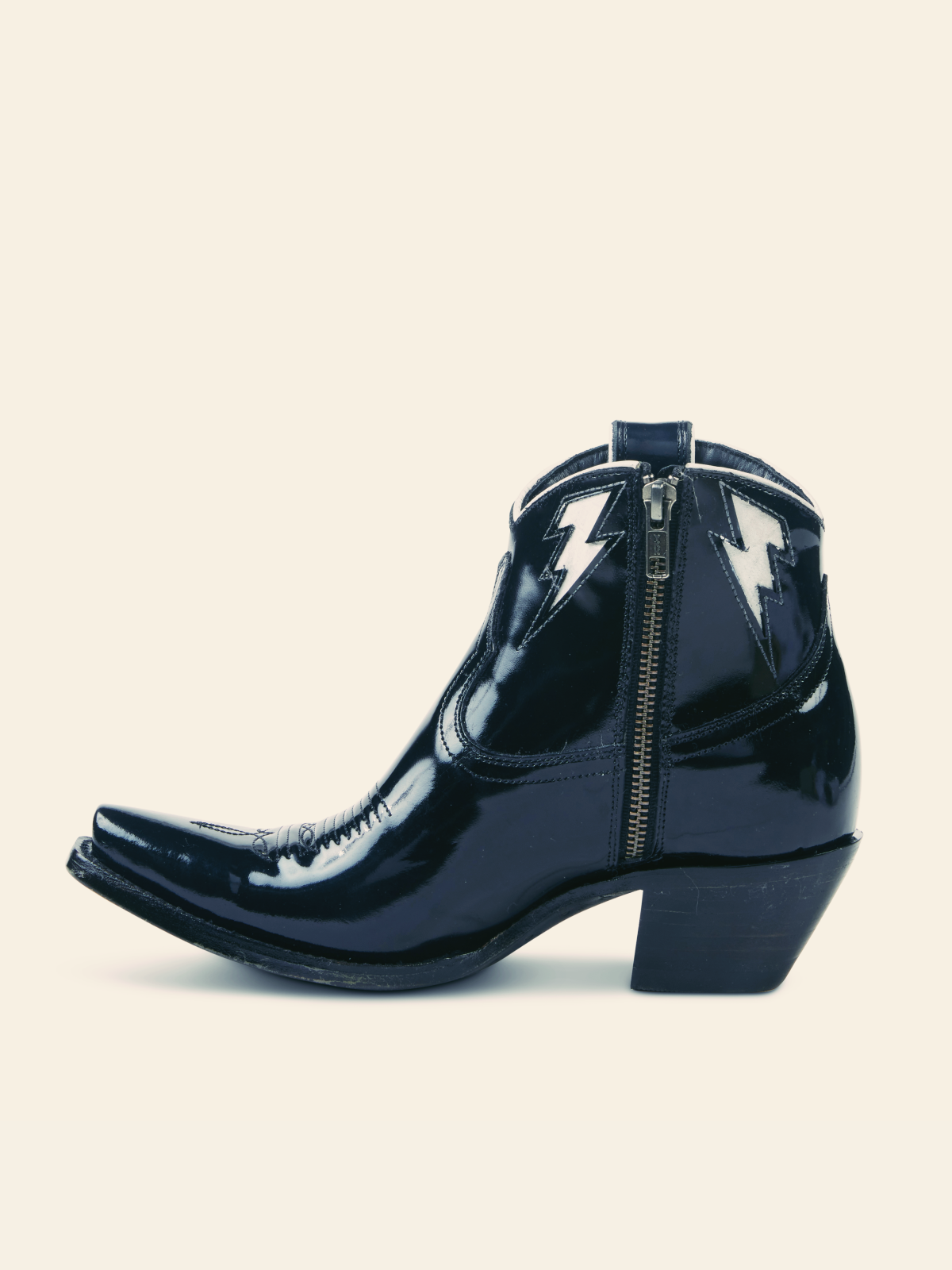 Lightning Inlay Snip-Toe Full-Zip Ankle Booties - Black Patent